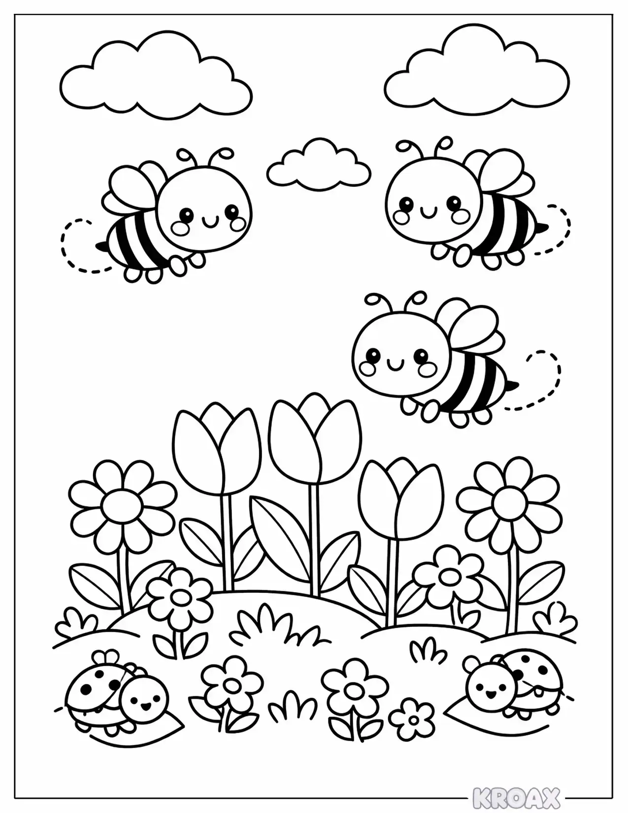 kawaii honeybees buzzing around tulips printable coloring page