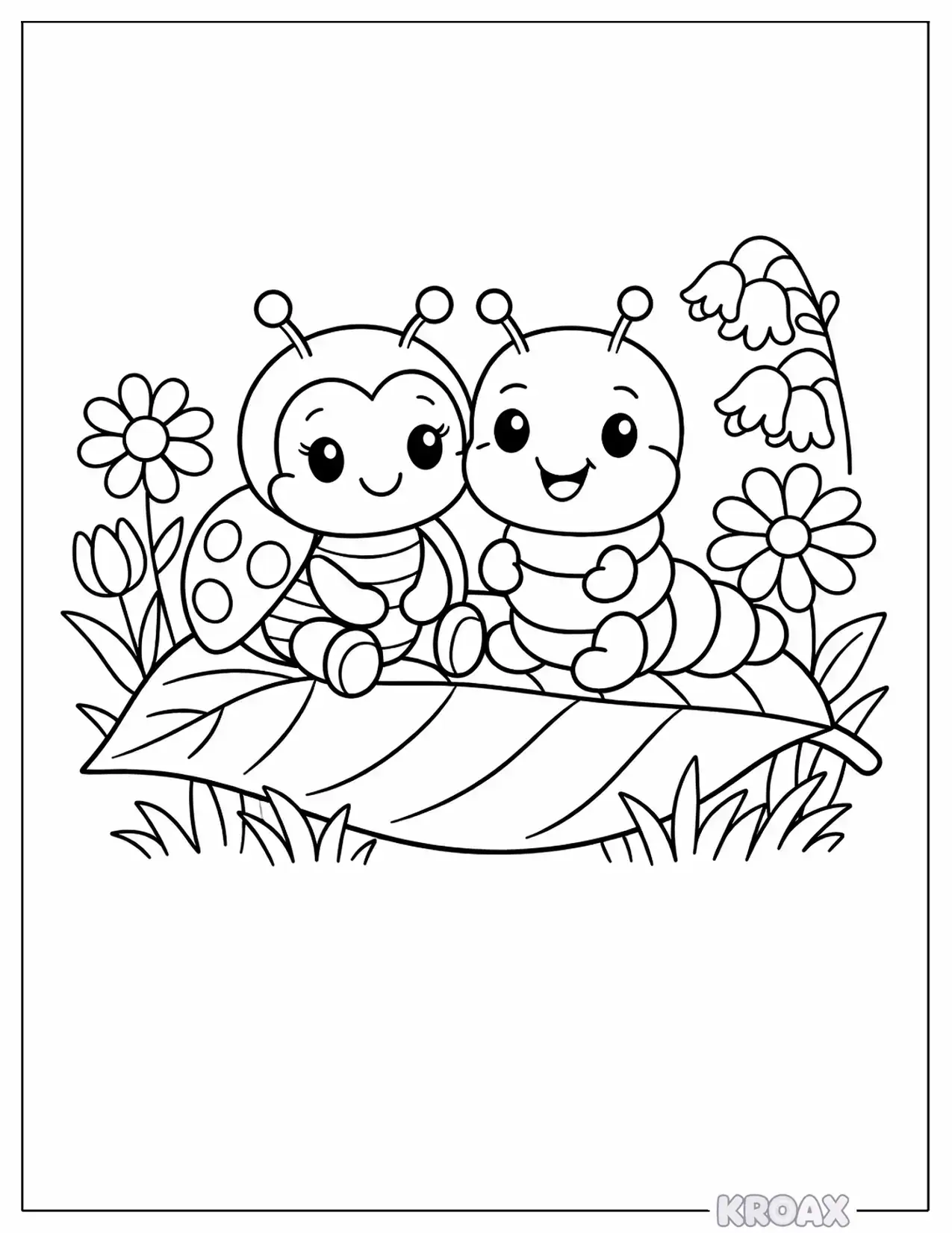 ladybug and caterpillar on leaf adventure printable coloring page