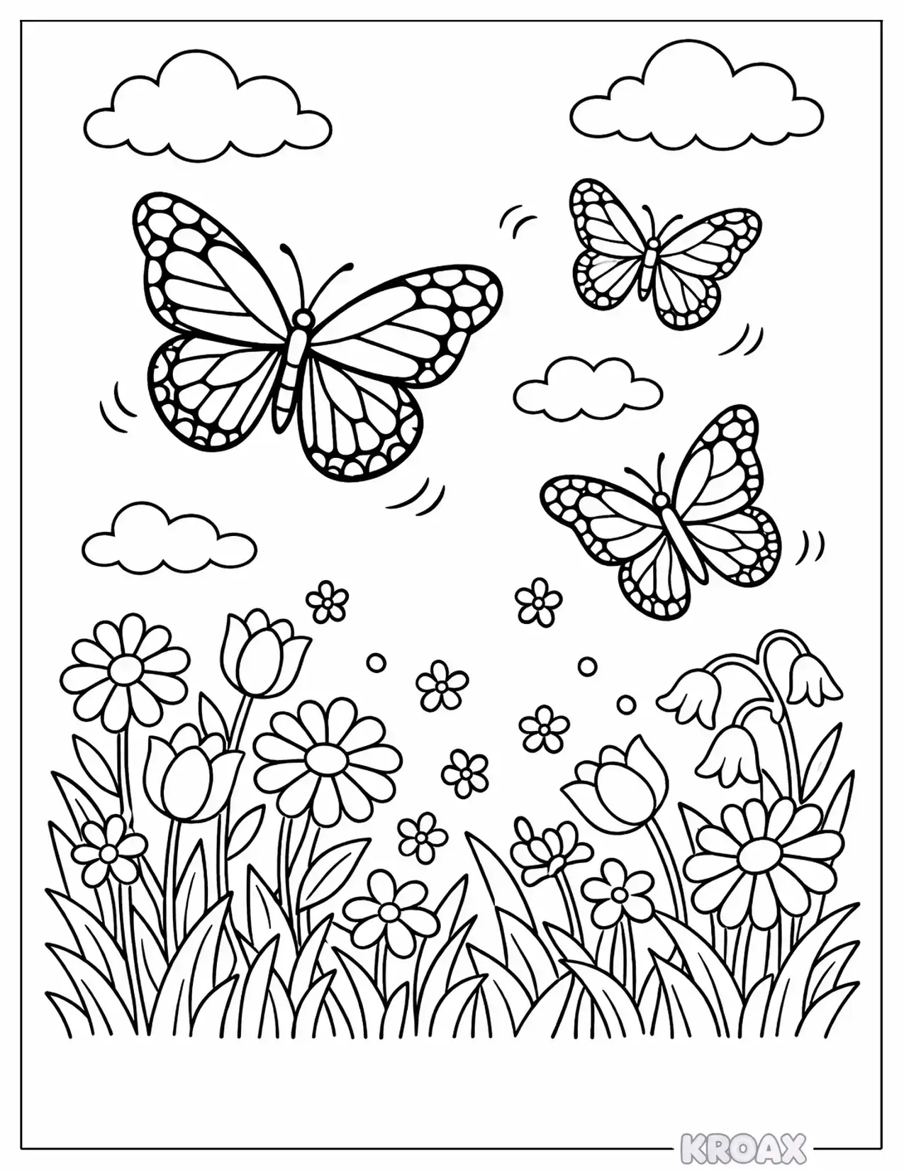 monarch butterflies floating through spring meadow printable coloring page