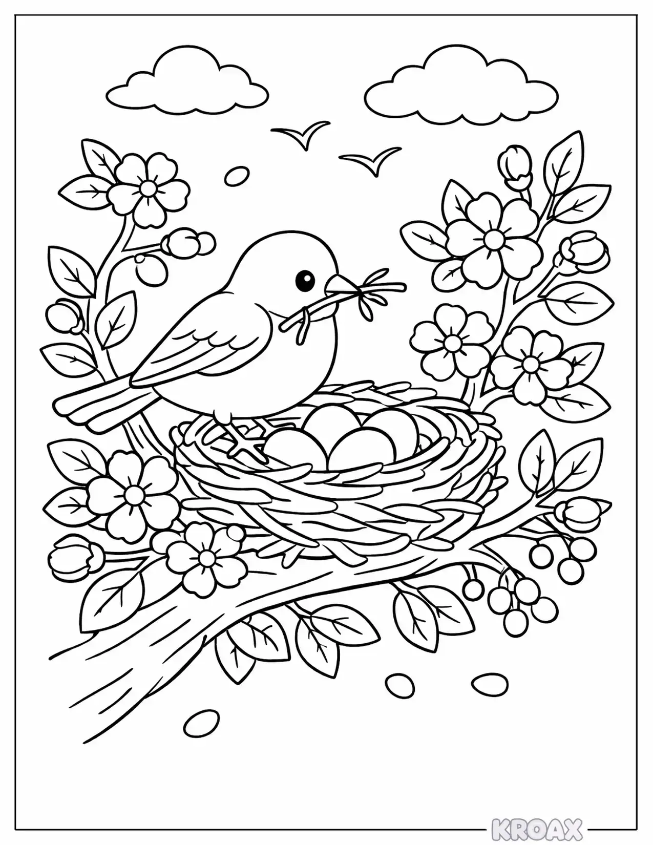 singing robin building nest in blooming tree printable coloring page