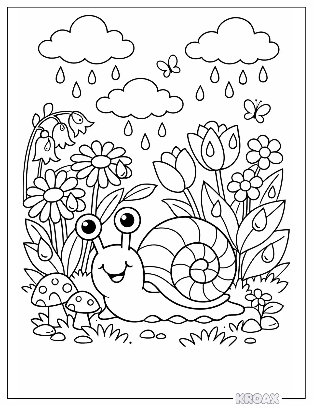 snail in spring garden with raindrops printable coloring page