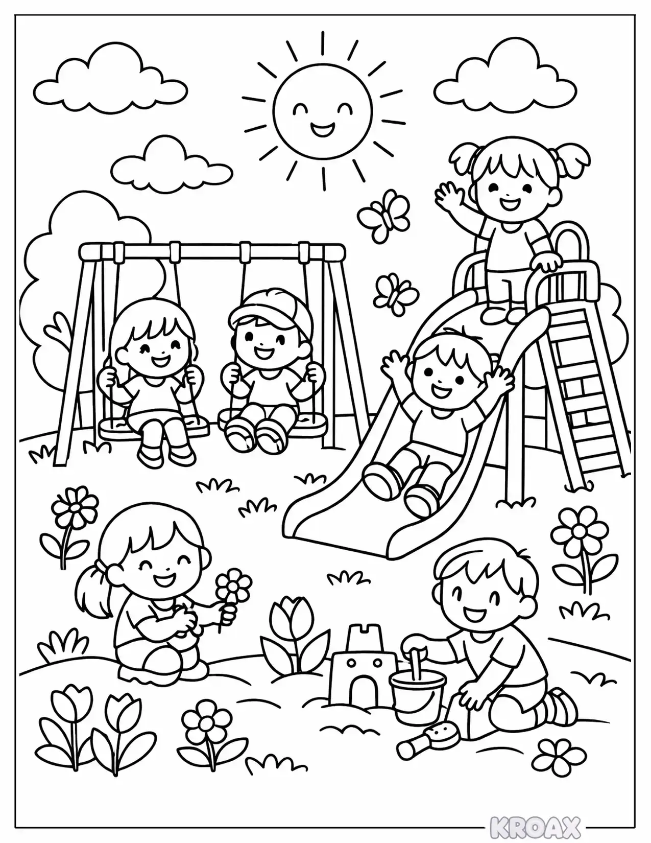 spring break kids at the park printable coloring page