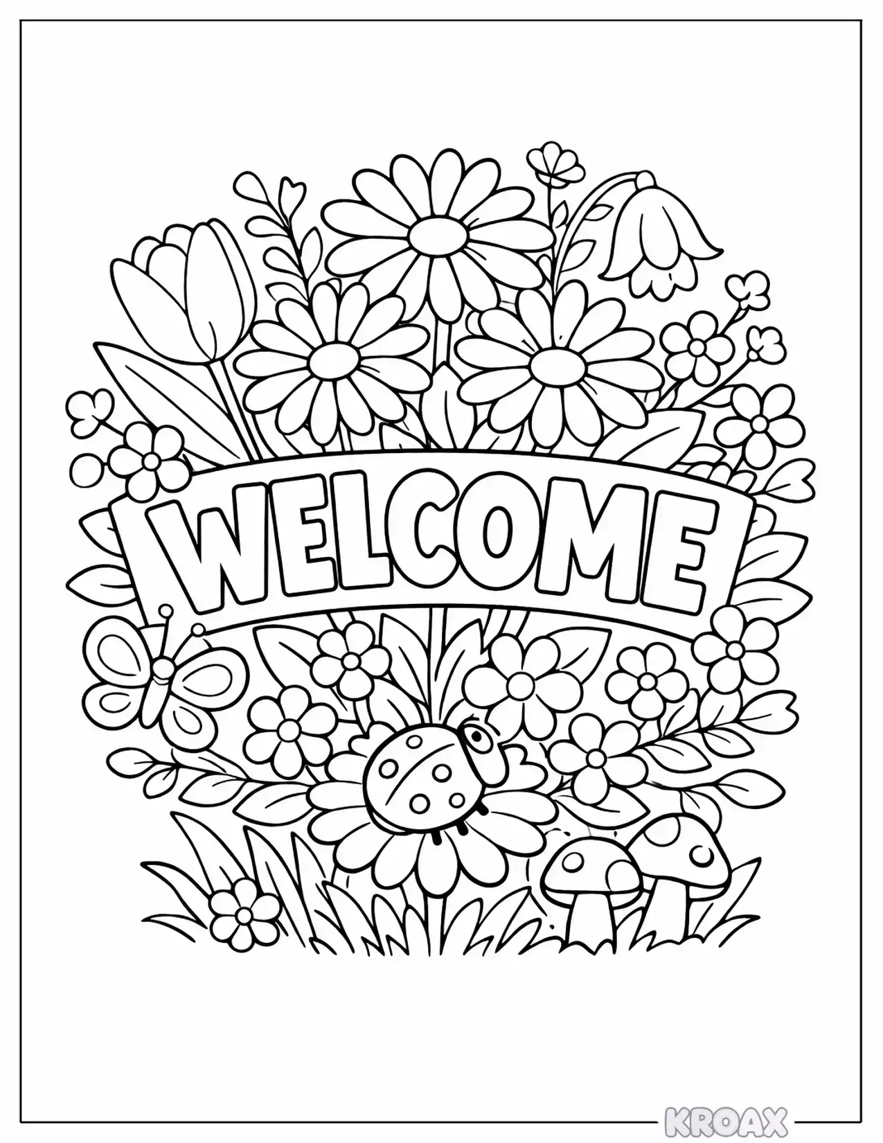 spring flowers with welcome sign printable coloring page