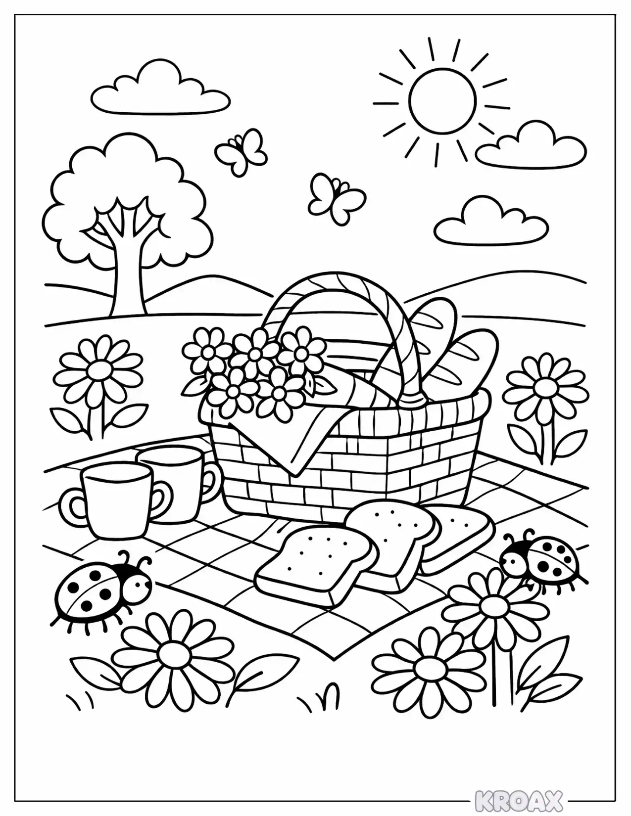 spring picnic scene with ladybugs and daisies printable coloring page
