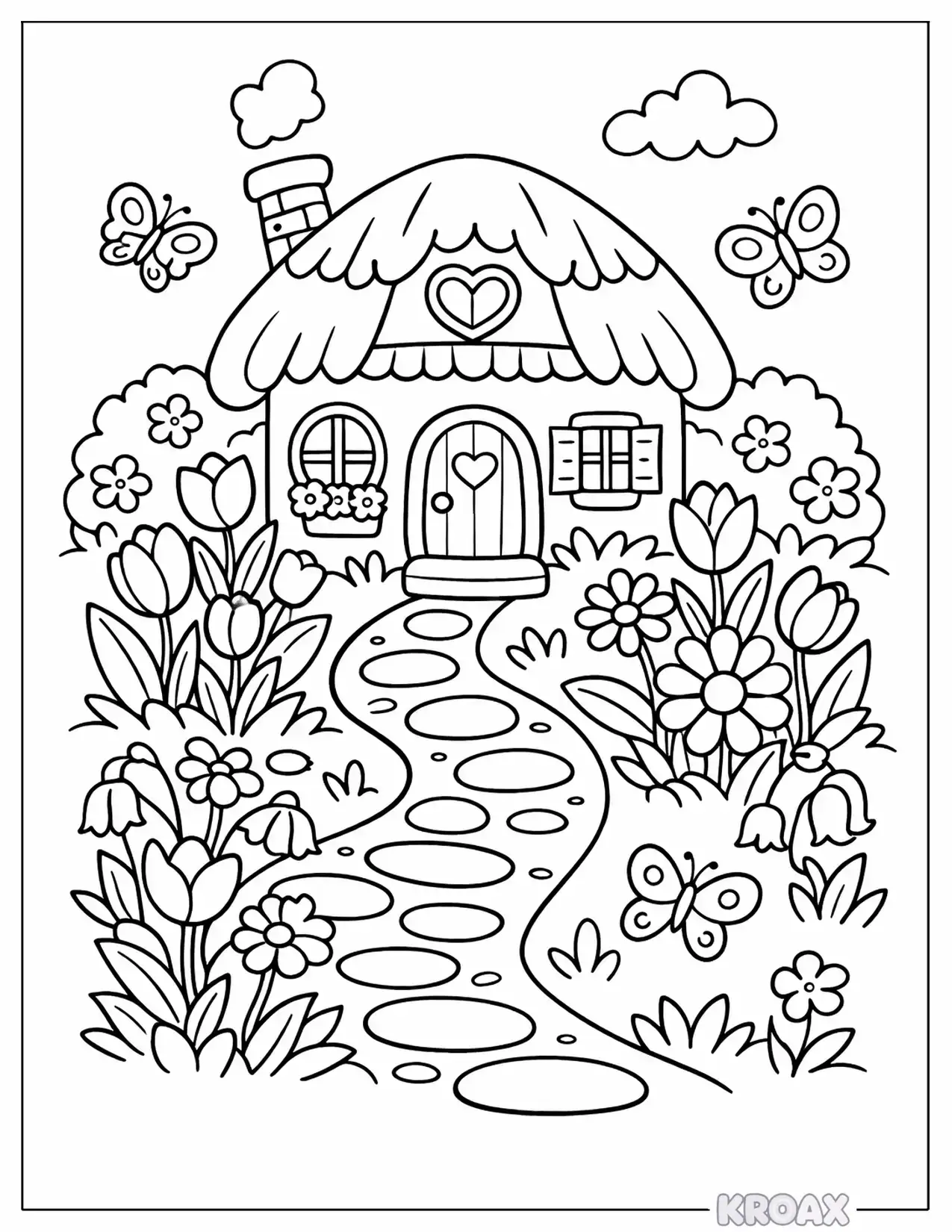 storybook cottage surrounded by spring flowers printable coloring page