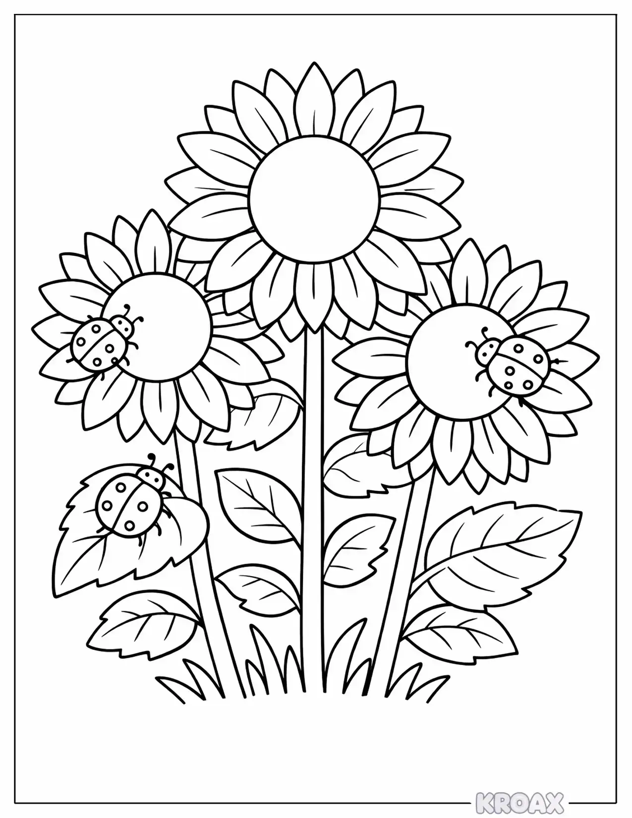 sunflowers and ladybugs dancing printable coloring page