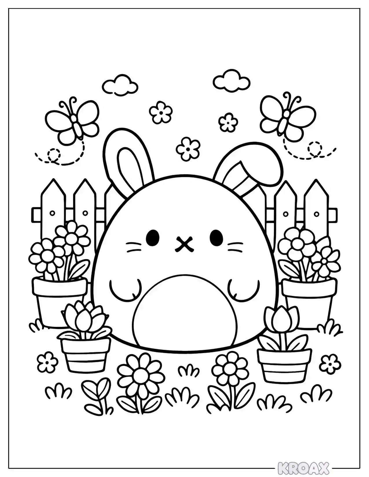 squishmallow bunny in flower garden printable coloring page