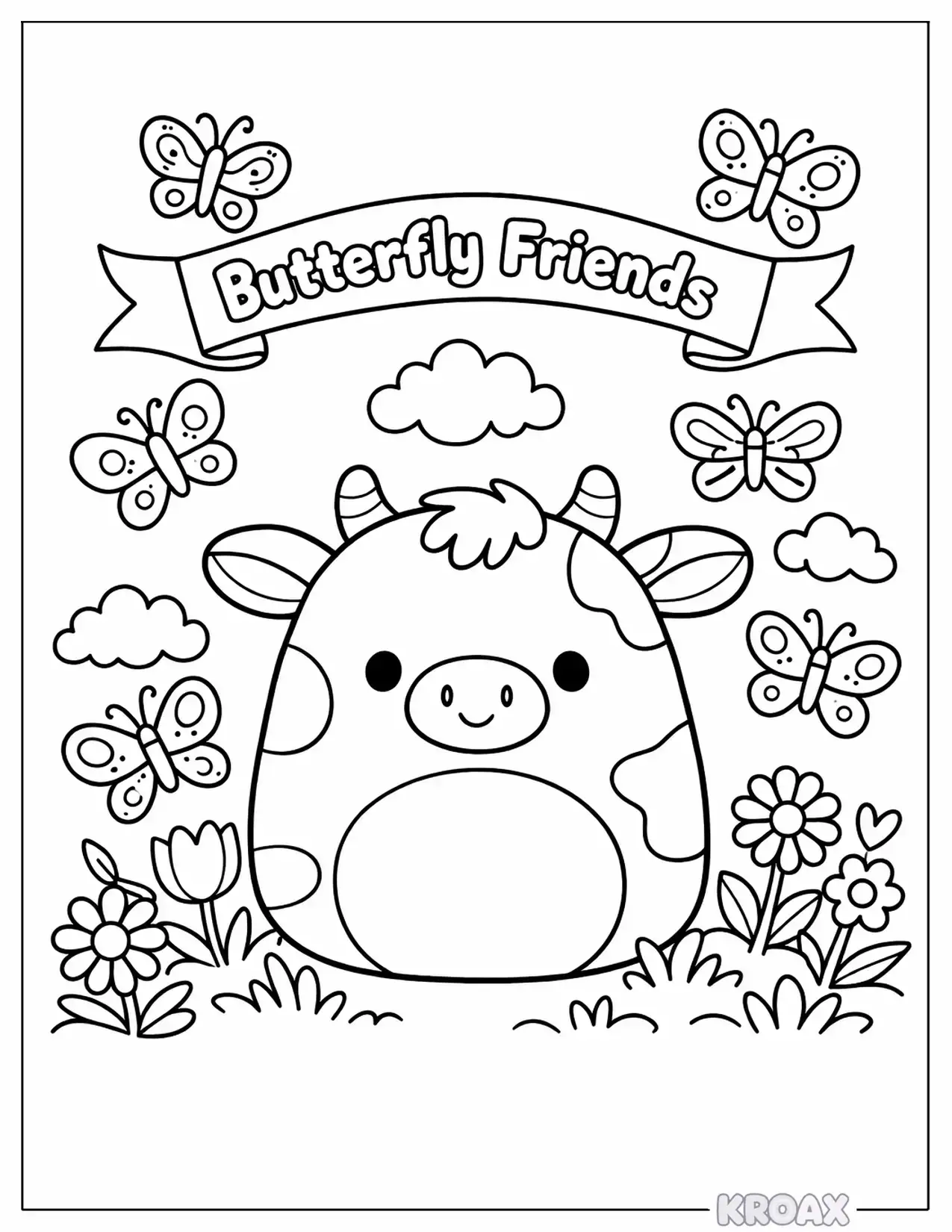 squishmallow cow with butterfly friends printable coloring page