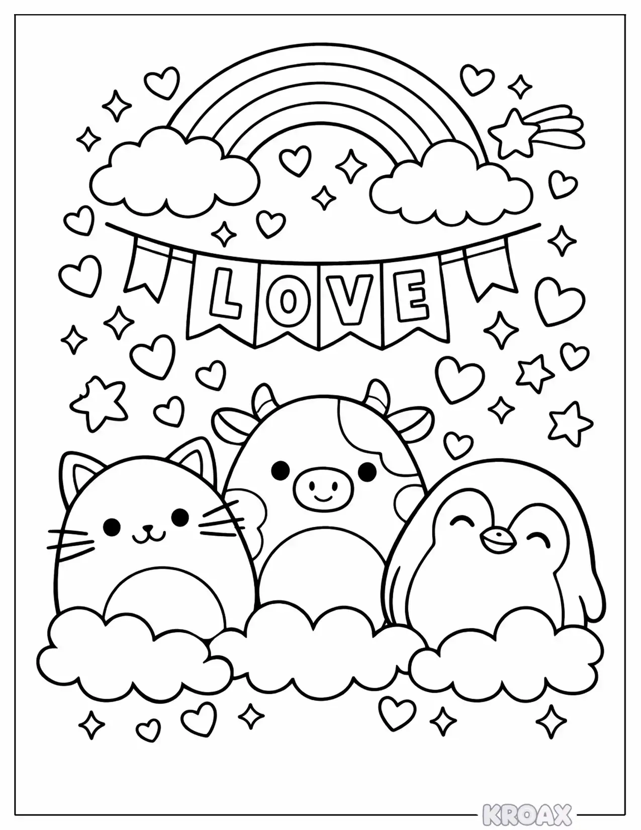 squishmallow hearts and rainbows printable coloring page