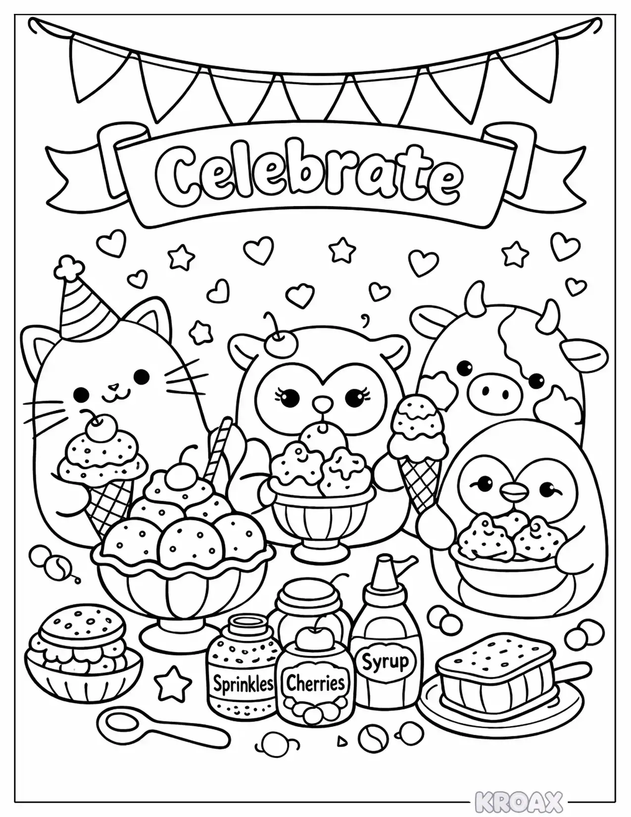 squishmallow ice cream party celebration printable coloring page
