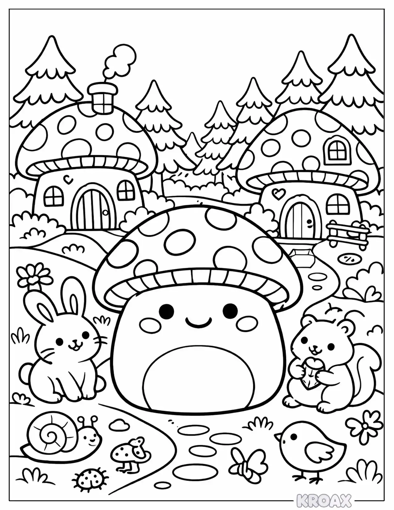 squishmallow mushroom forest village printable coloring page