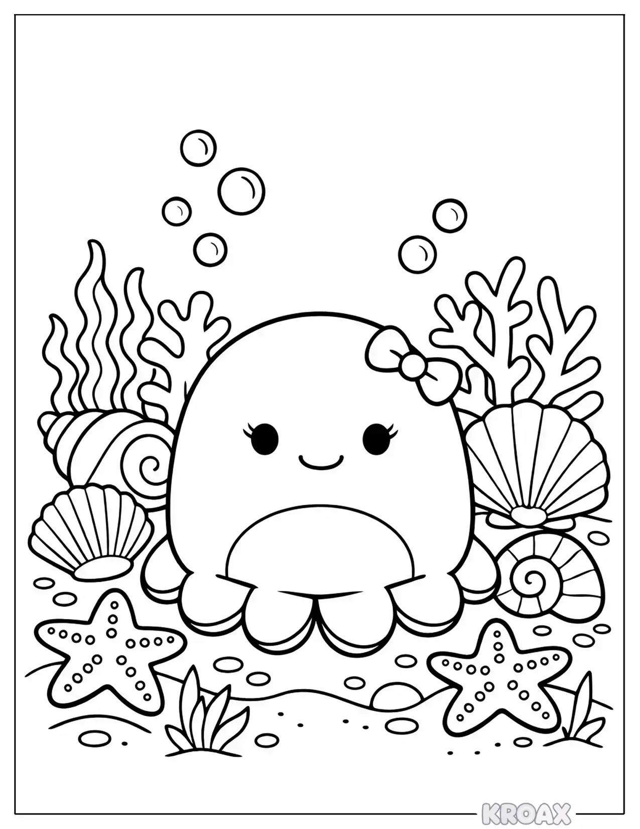 squishmallow octopus garden with seashells printable coloring page