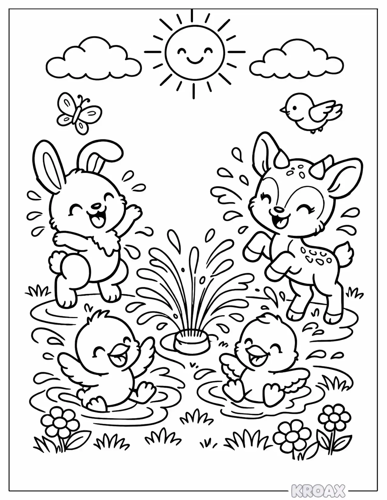 baby animals playing in the sprinklers printable coloring page