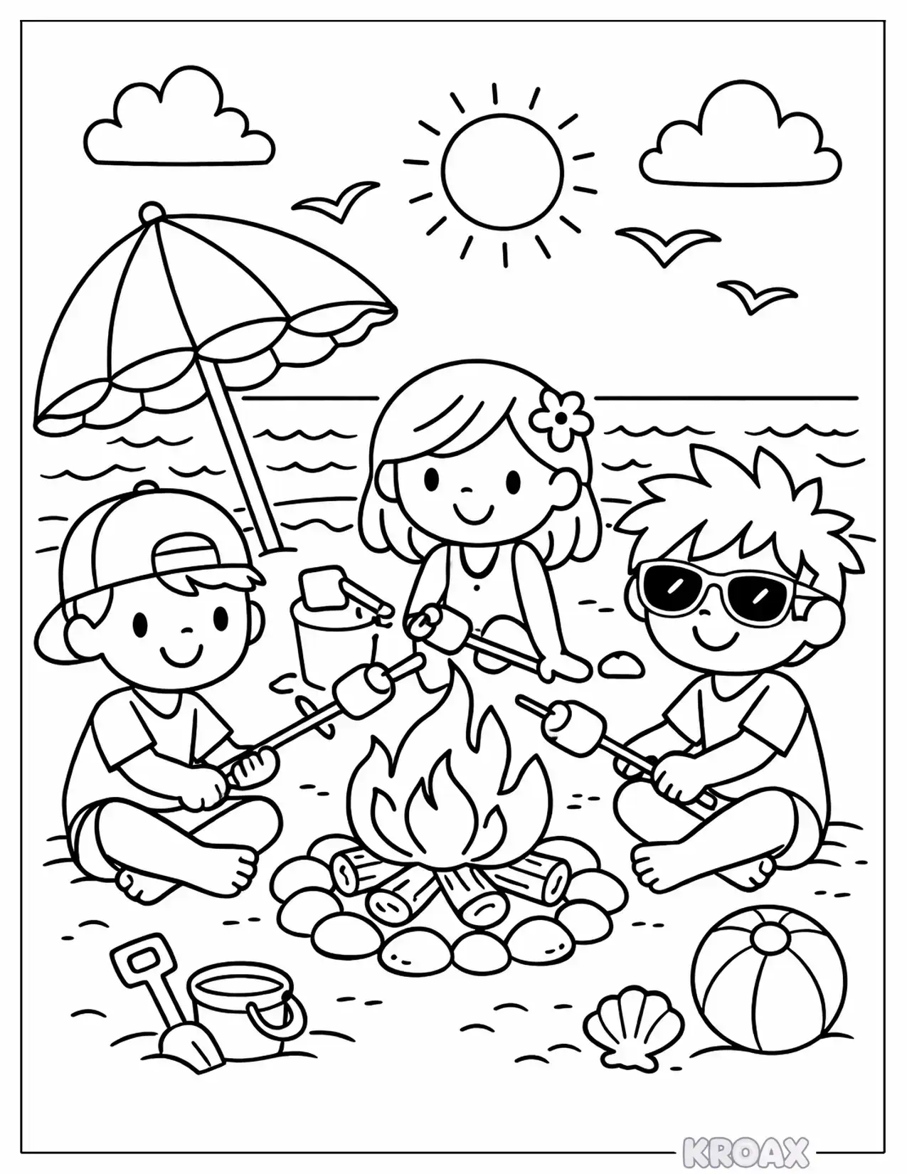 beach bonfire with marshmallows and friends printable coloring page