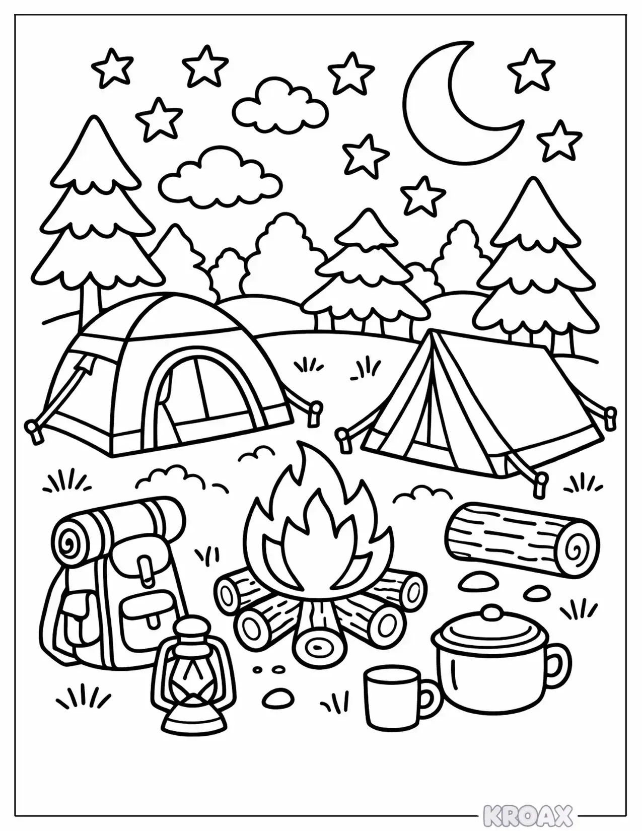 camping under the stars with tents and campfire printable coloring page