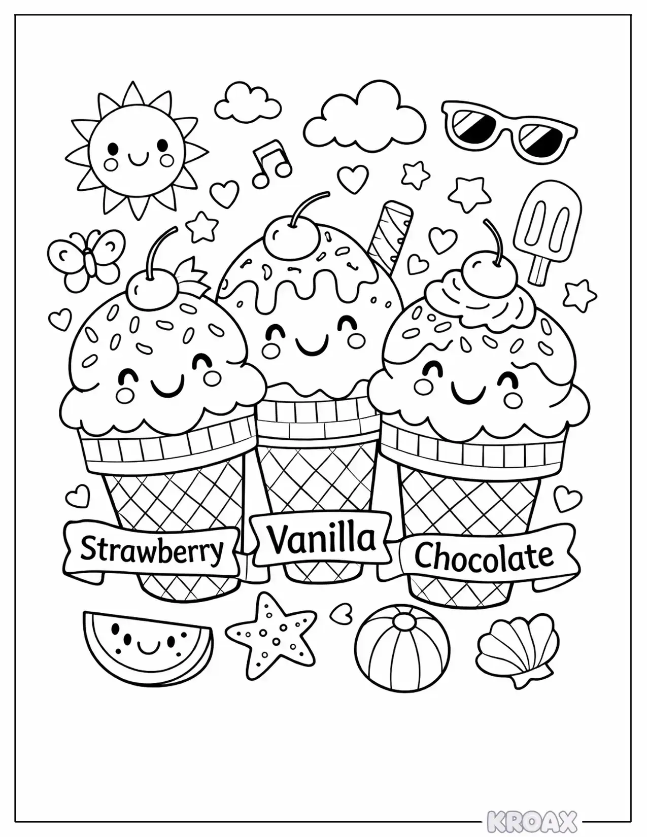 cute ice cream cone characters and toppings printable coloring page