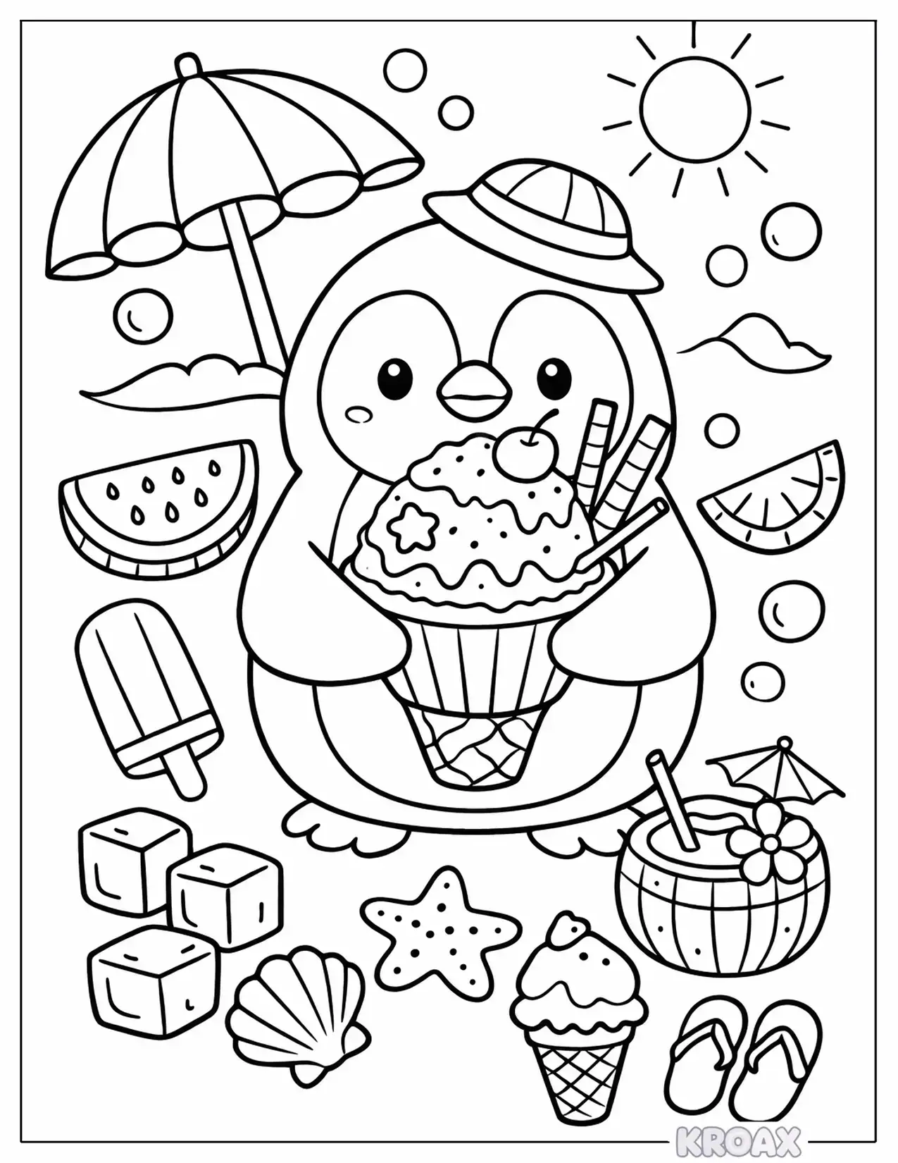 cute penguin enjoying shaved ice and treats printable coloring page