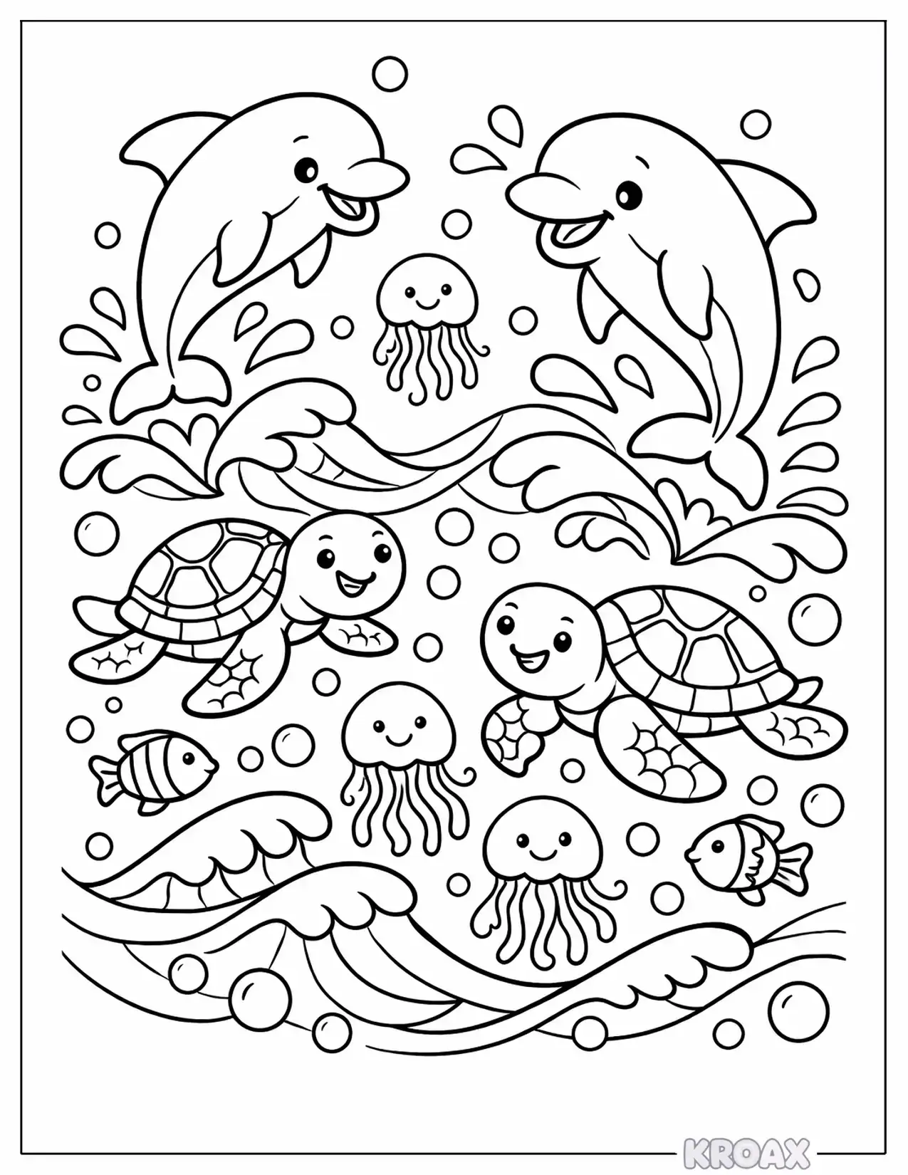 cute sea creatures splashing in waves printable coloring page