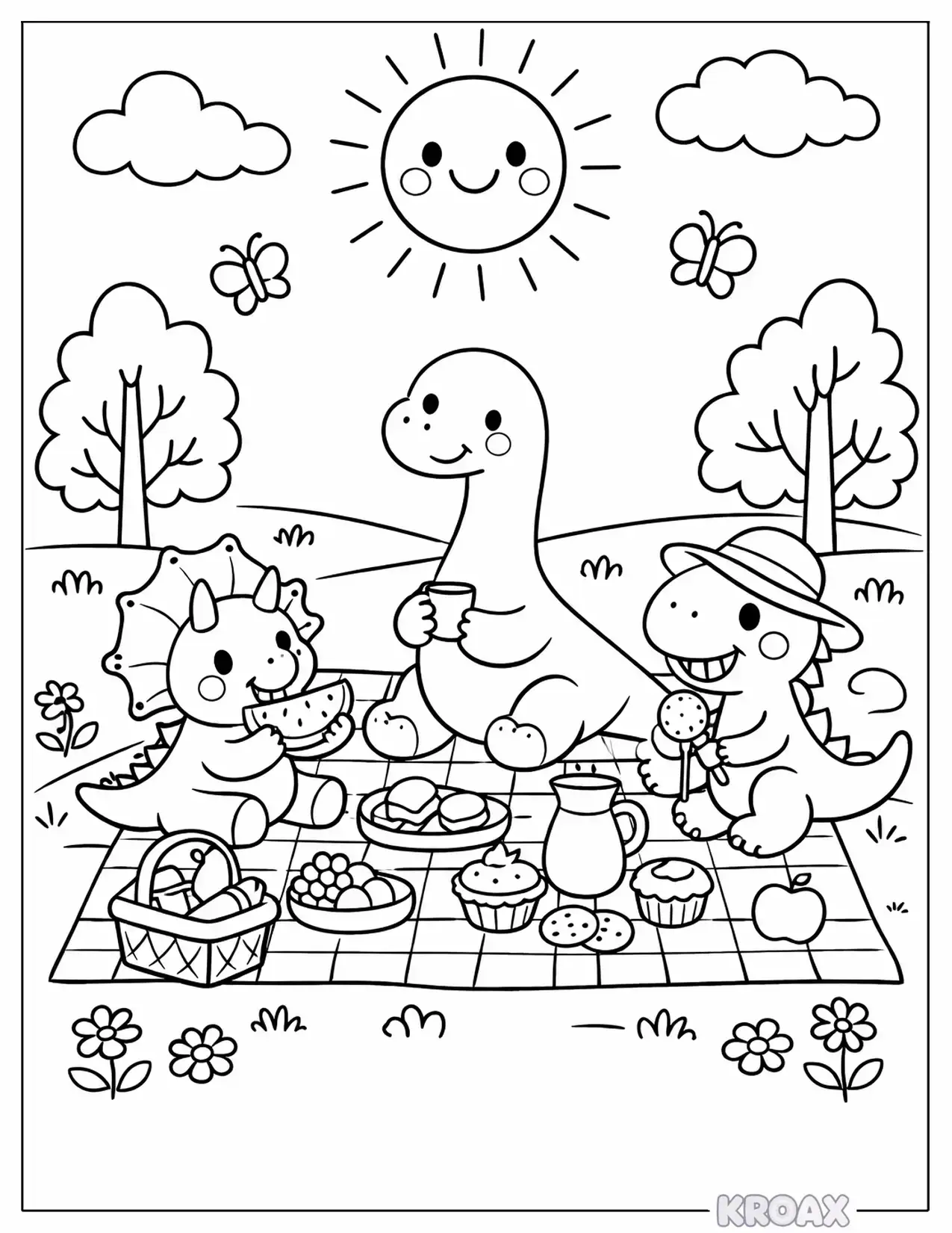 dinosaur picnic party in the sunny meadow printable coloring page