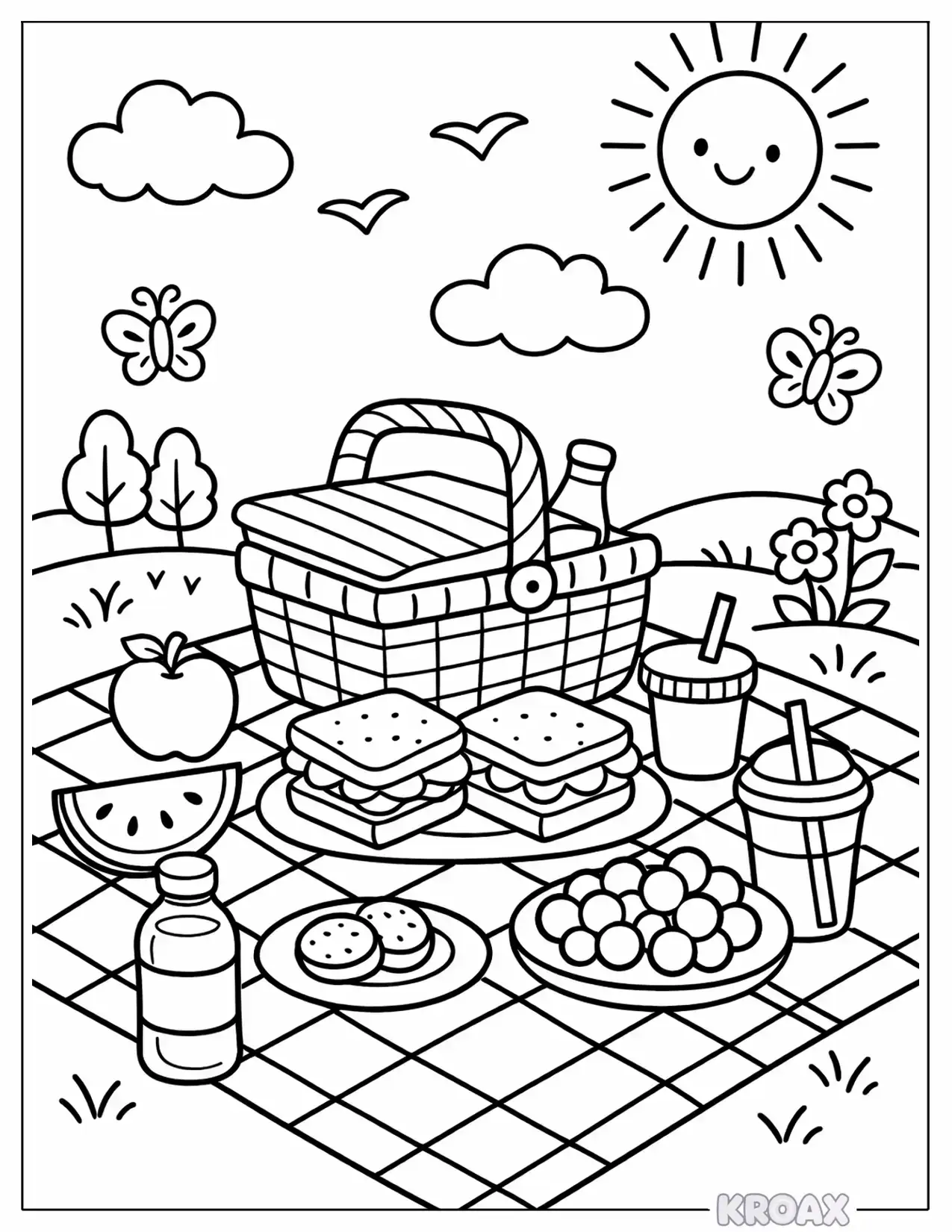 family picnic basket with checkered blanket printable coloring page