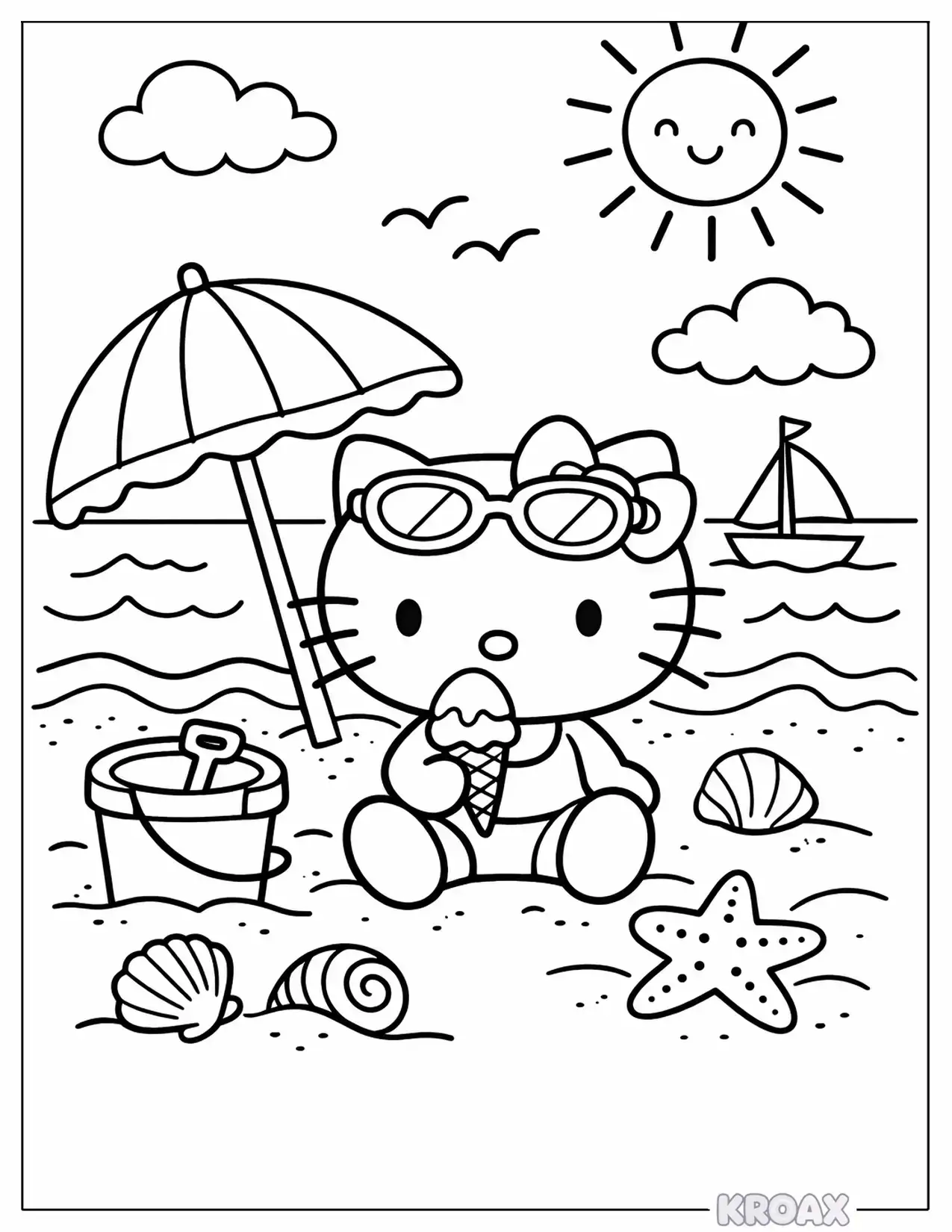 hello kitty beach vacation fun printable coloring page