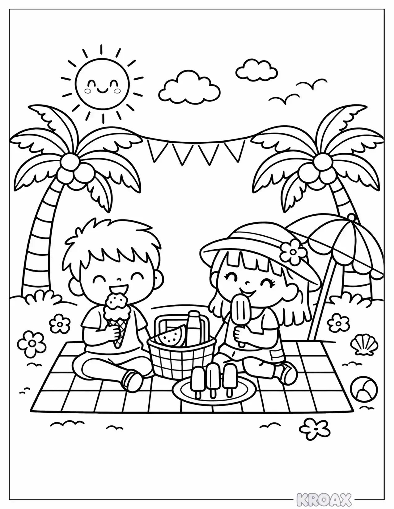 ice cream party under the palm trees printable coloring page