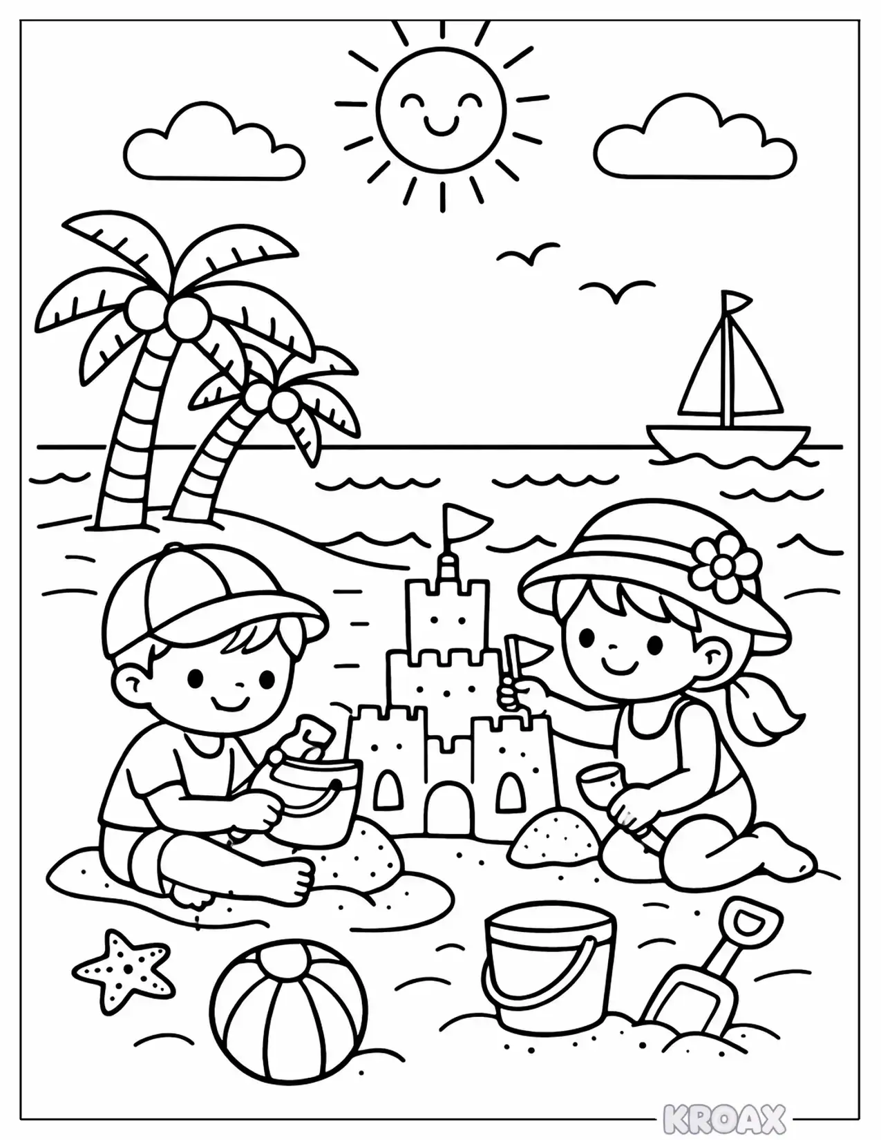 kids building sandcastles by the shore printable coloring page