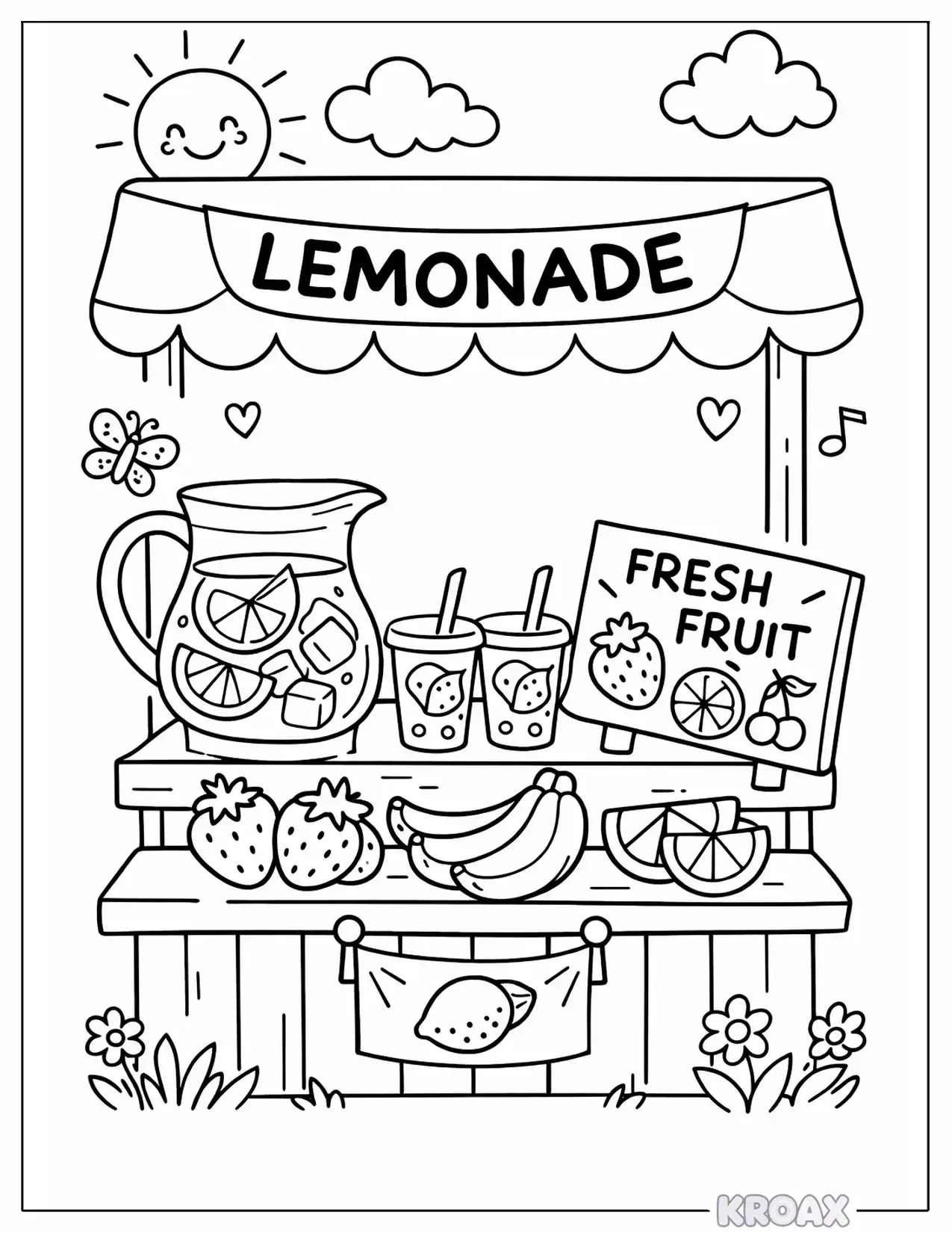 lemonade fruit stand with strawberries and oranges printable coloring page