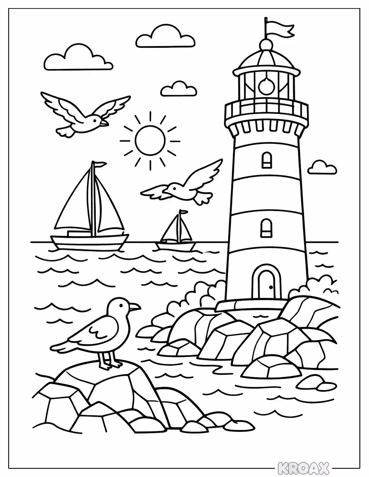ocean lighthouse with seagulls and sailboats printable coloring page