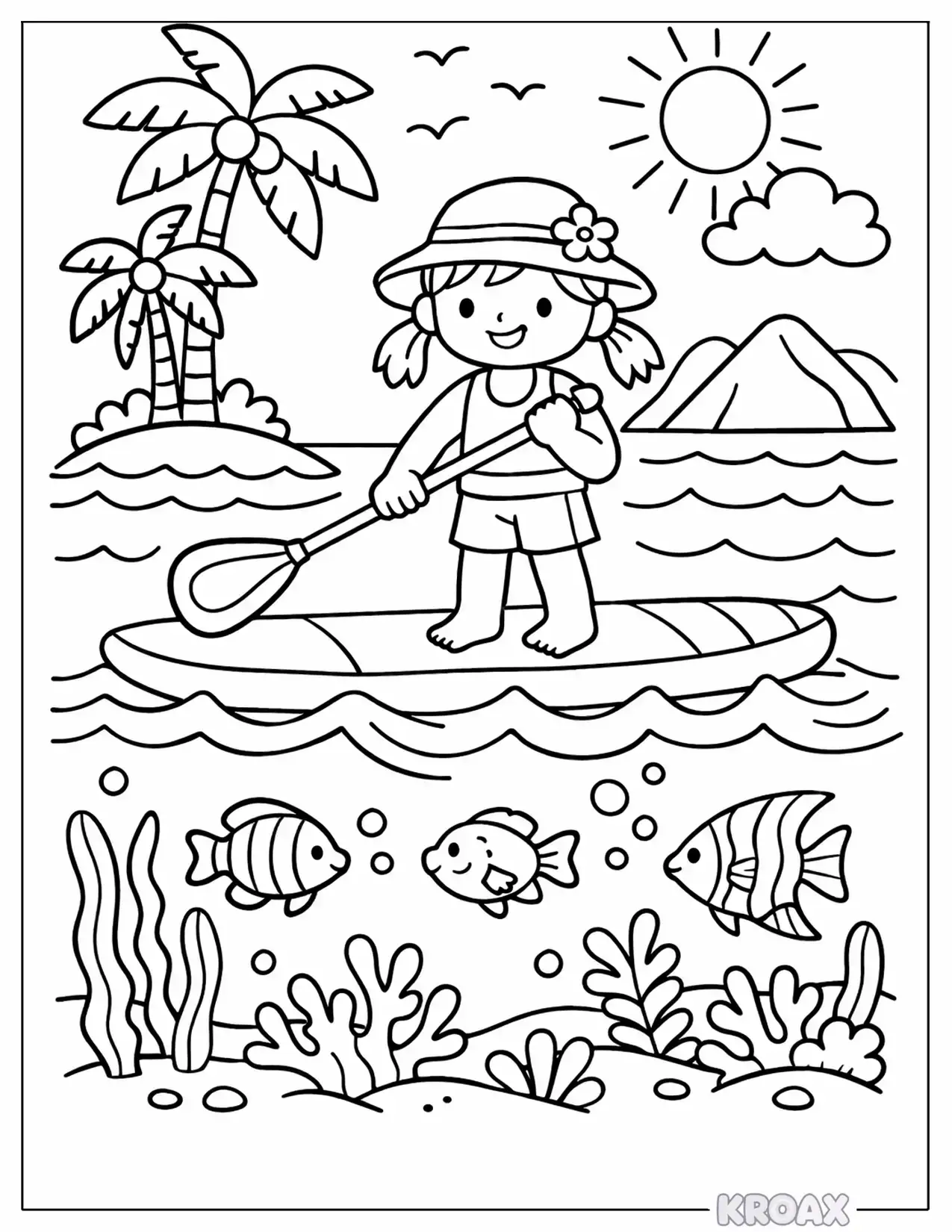 paddleboarding through tropical lagoons with fish printable coloring page