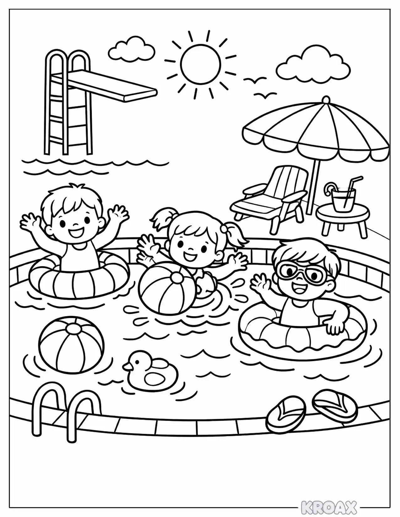 splashing pool party with friends printable coloring page