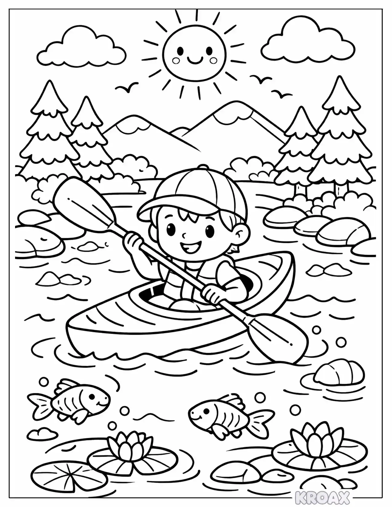 summer adventure with kayaking and river printable coloring page