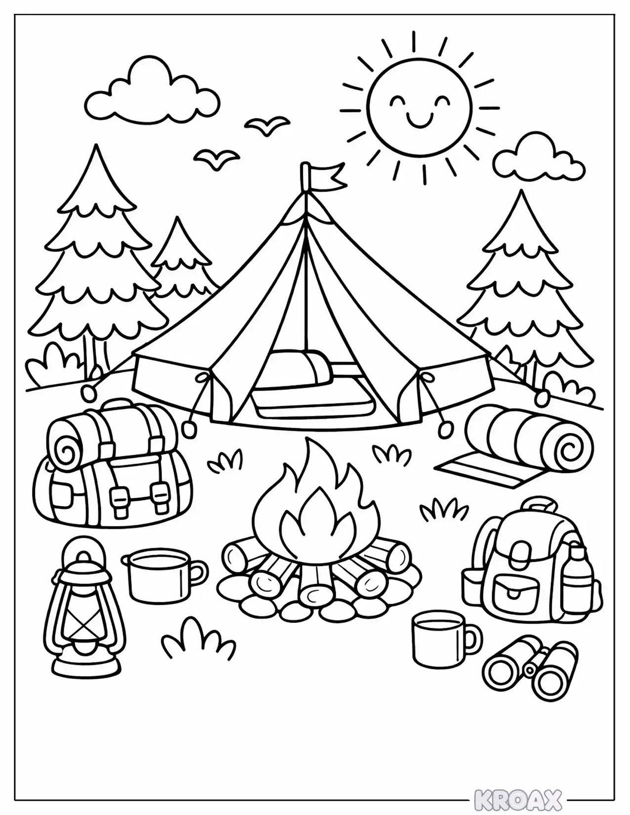 summer camping adventure with sleeping bags and lanterns printable coloring page