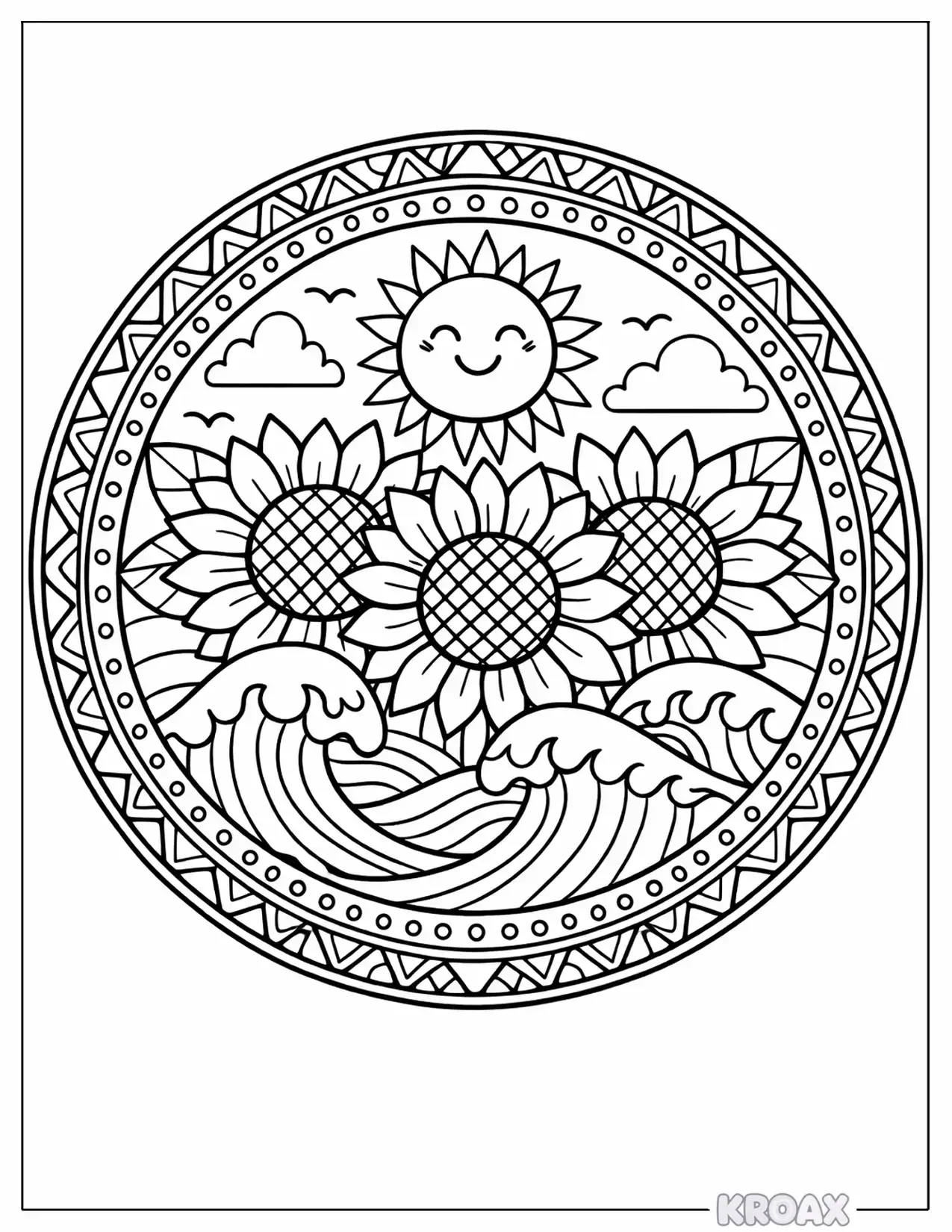 summer mandala with sunflowers and waves printable coloring page