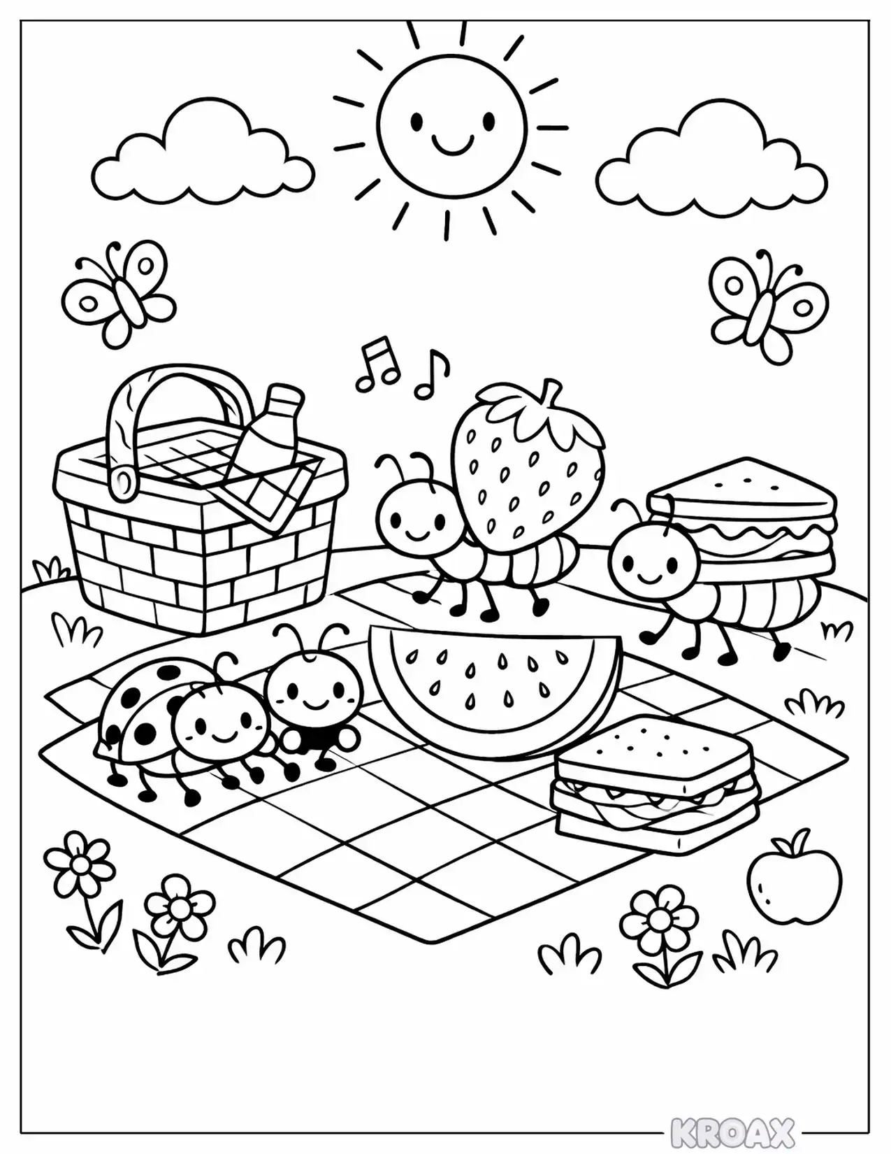 summer picnic with ants and ladybugs printable coloring page