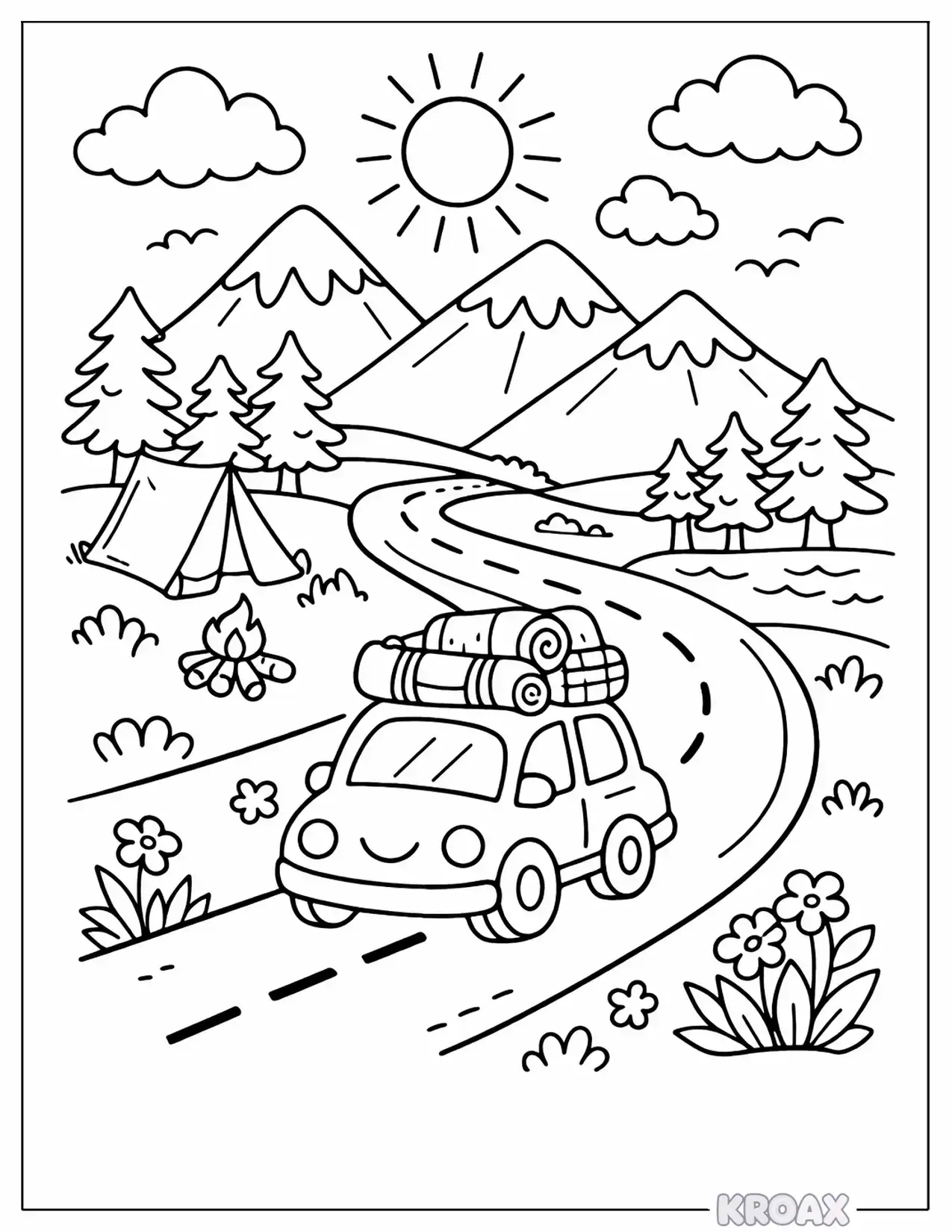 summer road trip through mountains and forests printable coloring page