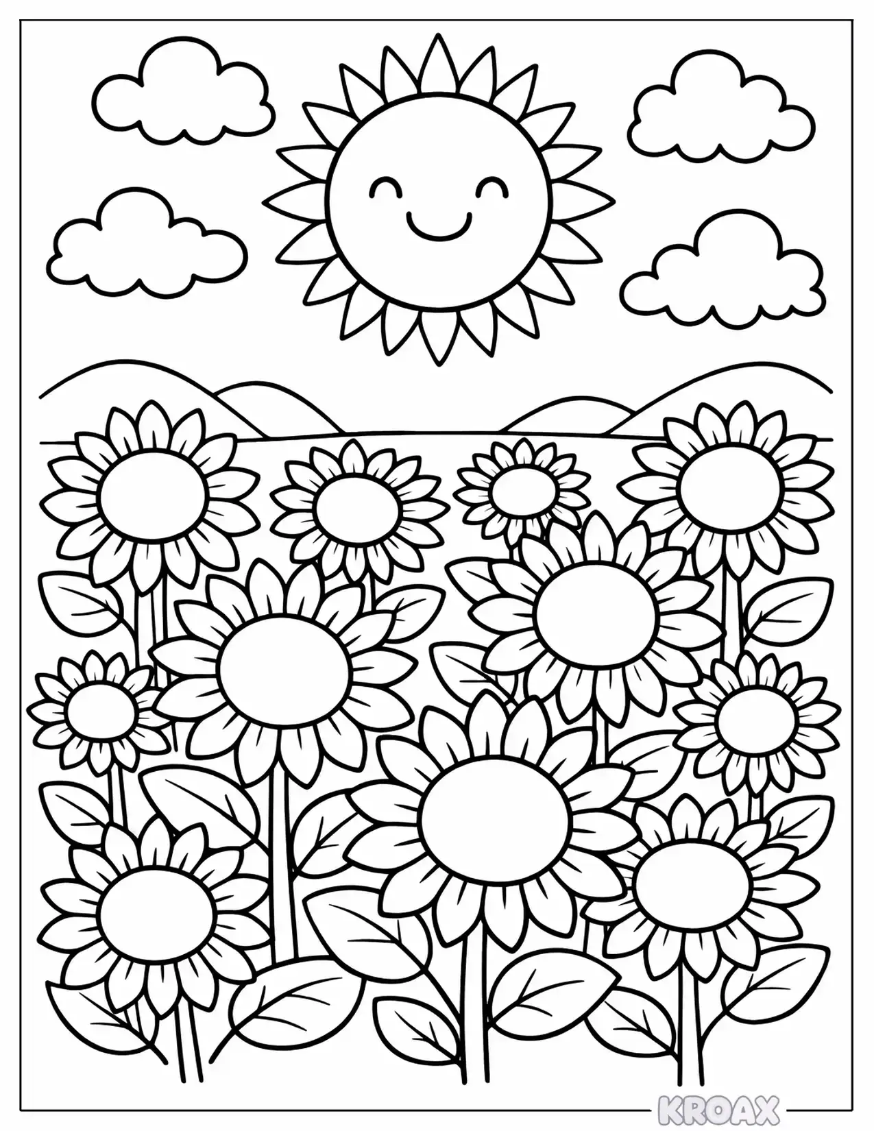 summer sunshine and sunflower field printable coloring page