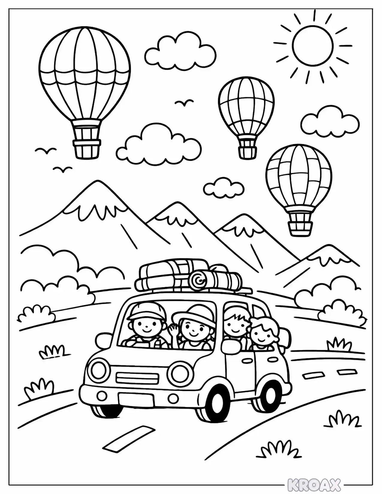 summer vacation road trip with hot air balloons printable coloring page