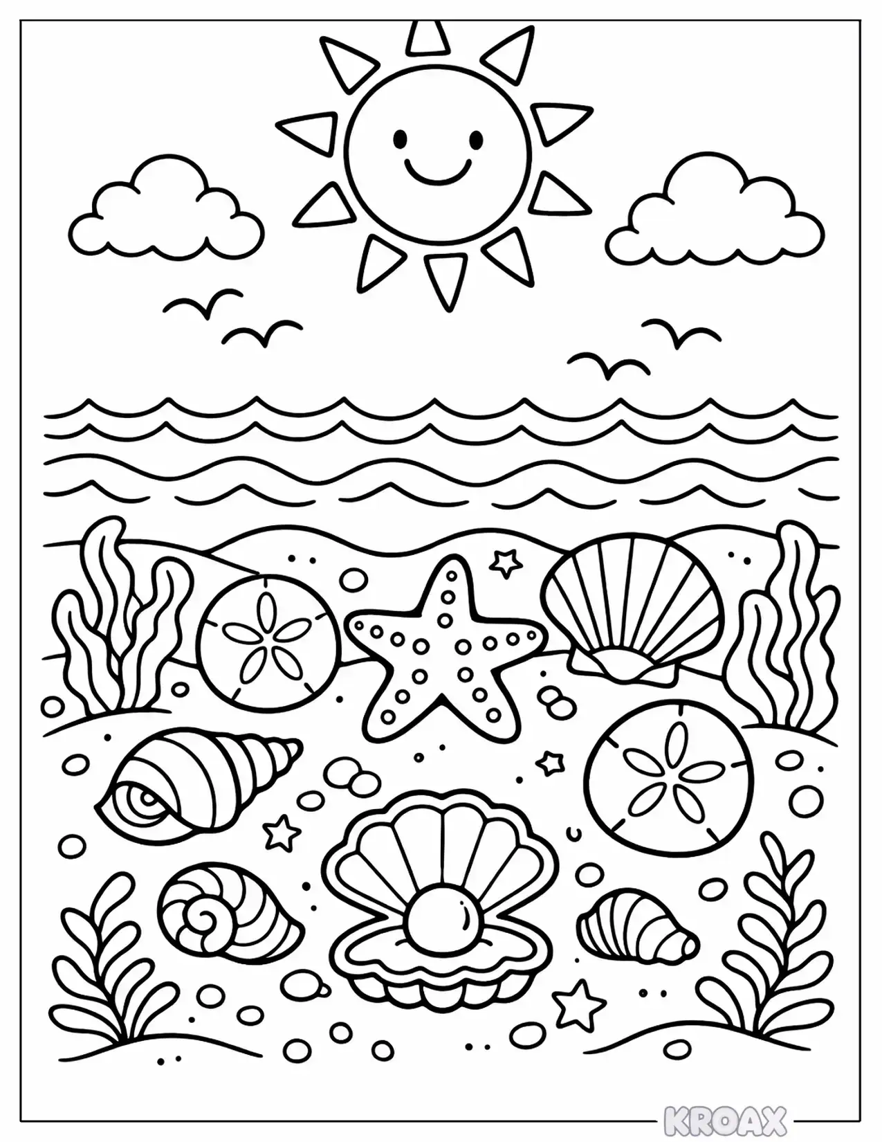 sunny beach day with shells and starfish printable coloring page