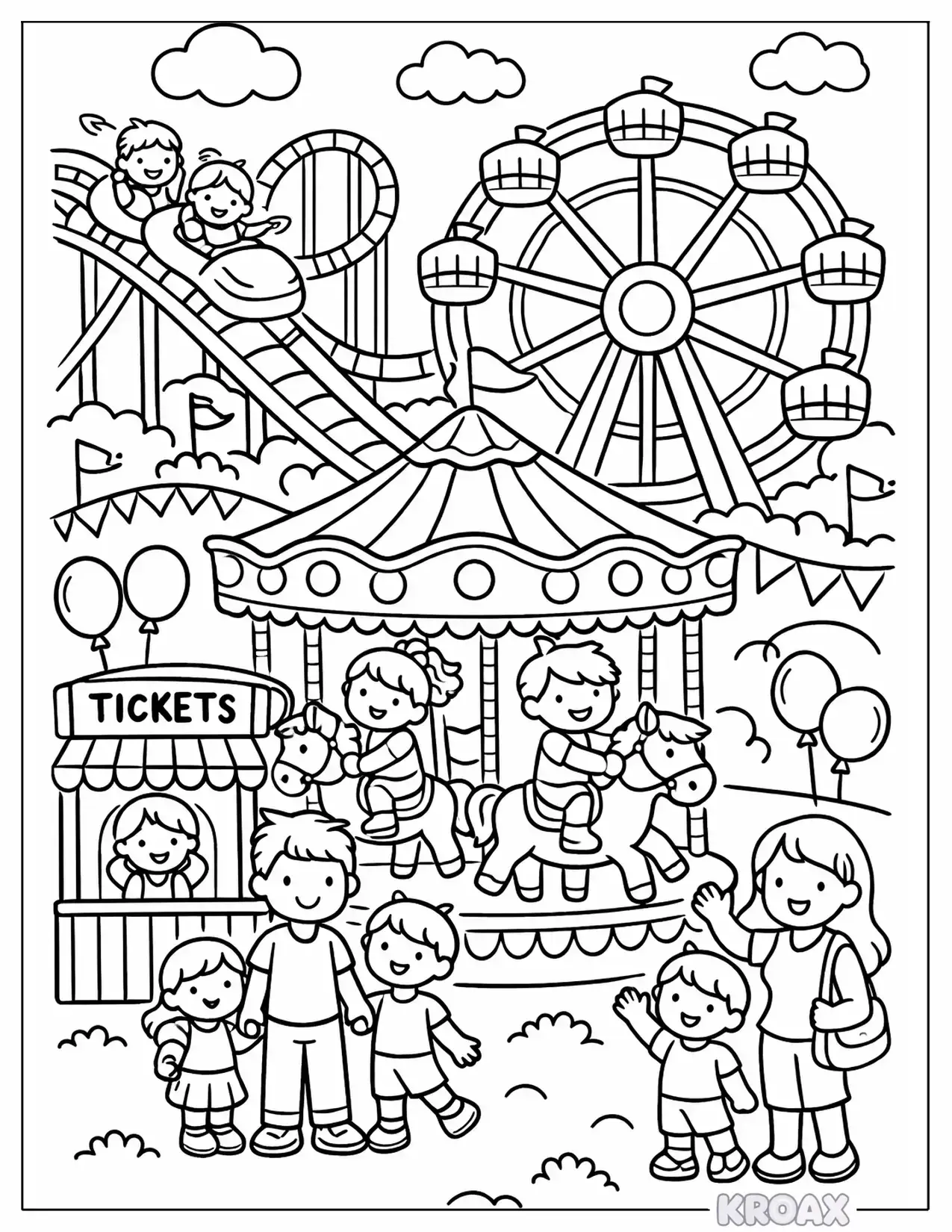sunny day adventure at the amusement park with roller coasters printable coloring page