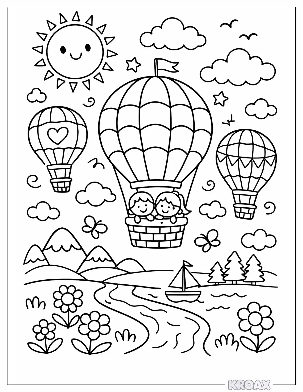 sunny day adventure with hot air balloons and clouds printable coloring page