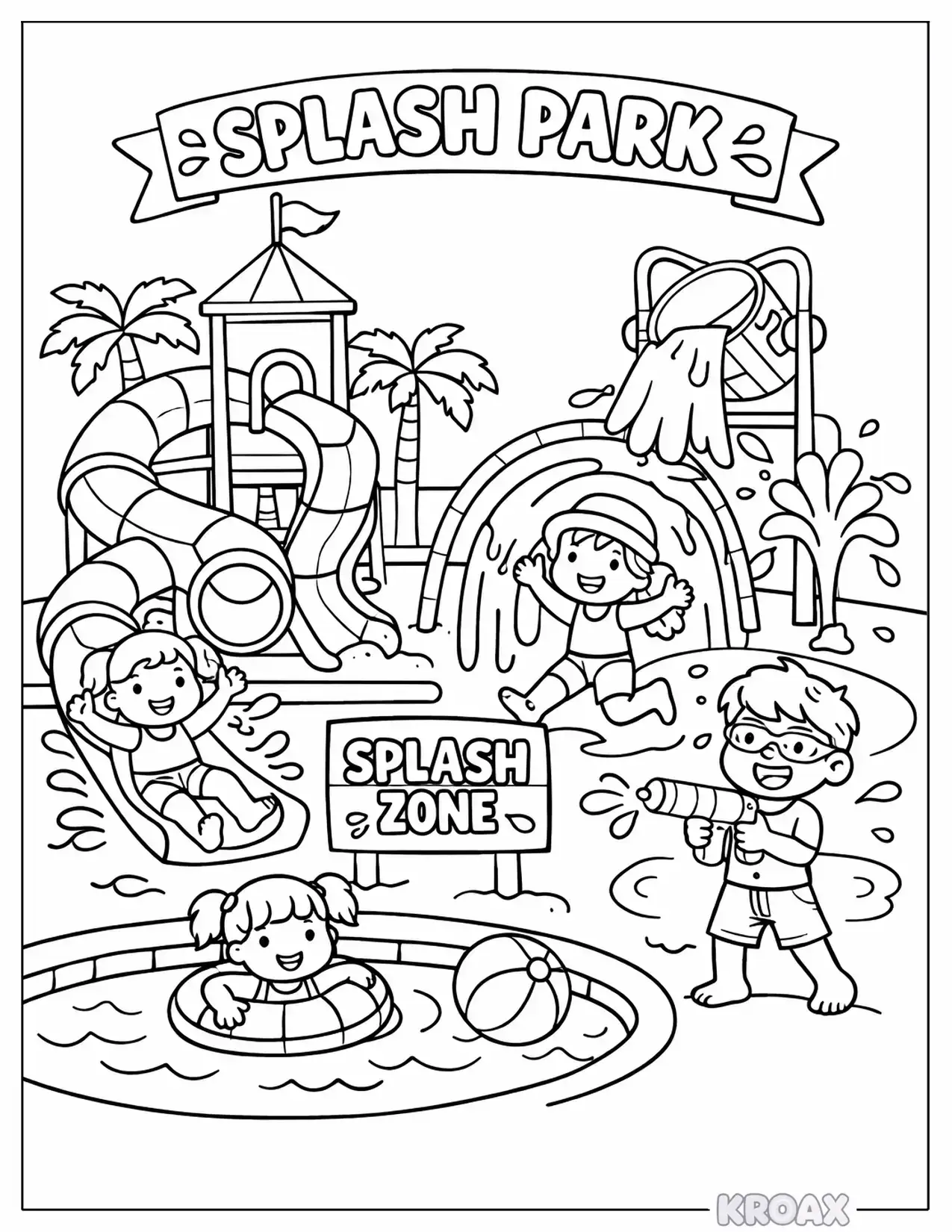 sunny day at the splash park with water slides printable coloring page