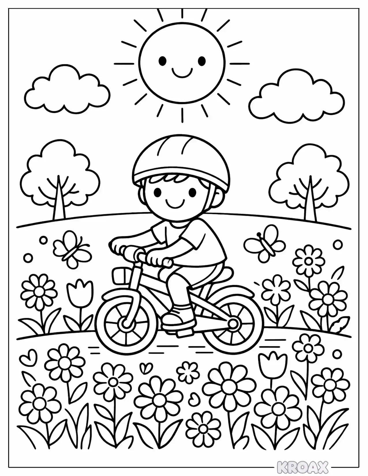 sunny day bicycle ride through flowers printable coloring page
