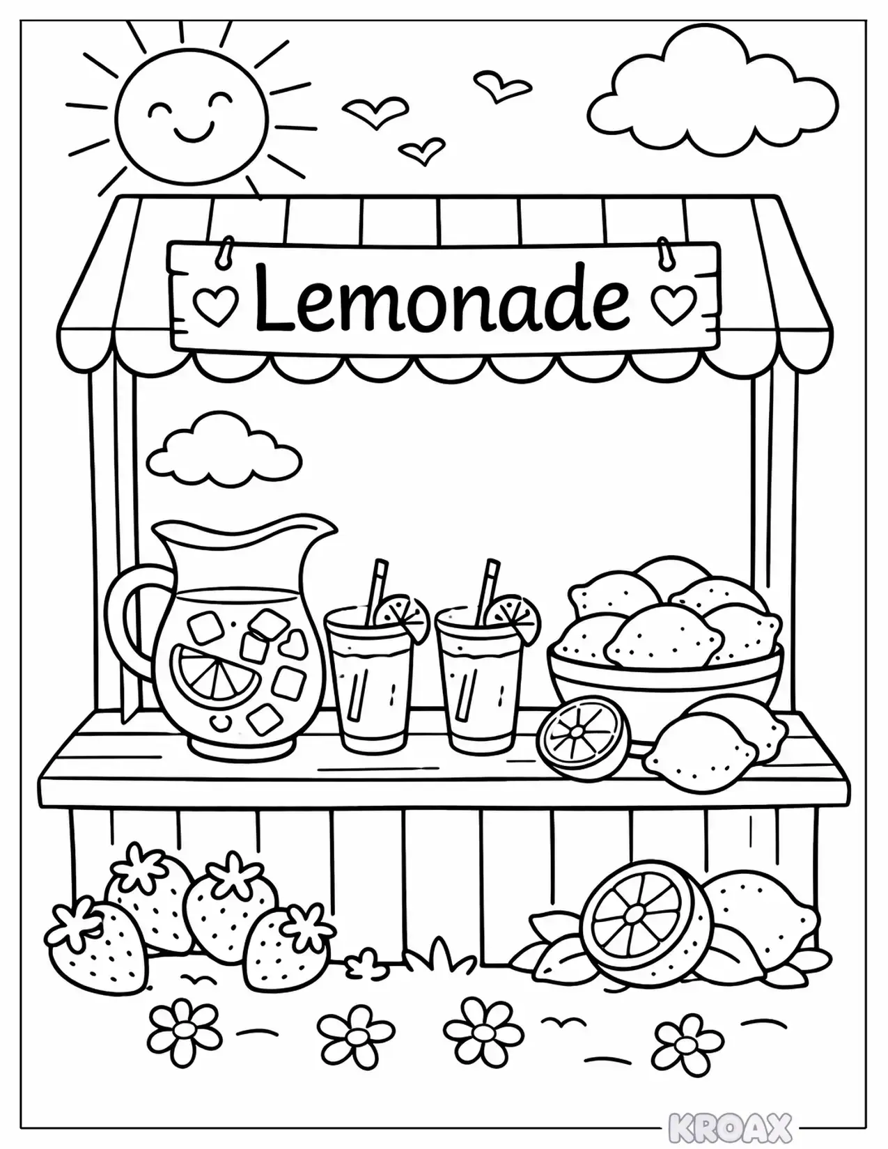 sunny lemonade stand scene printable coloring page