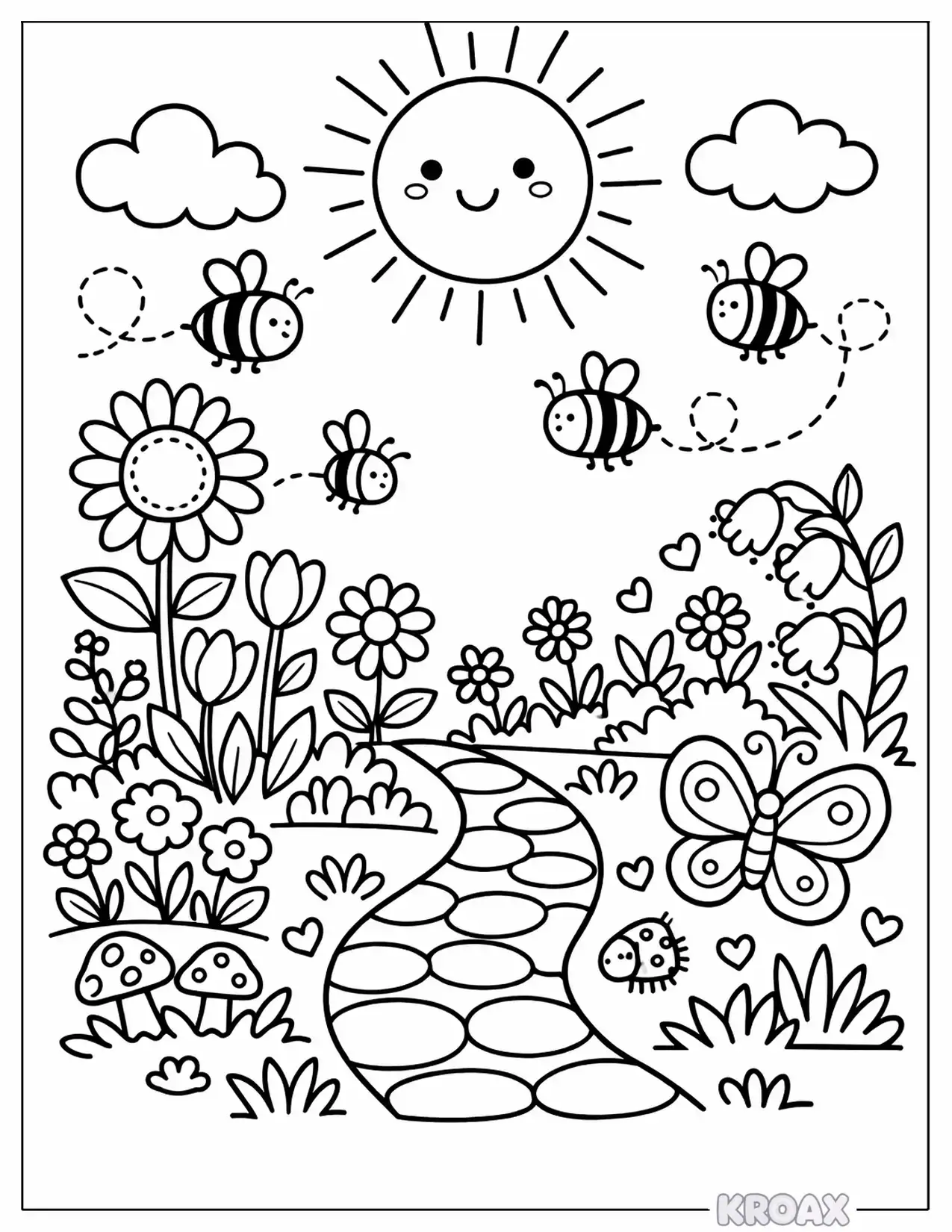 sunshine garden with blooming flowers and bees printable coloring page