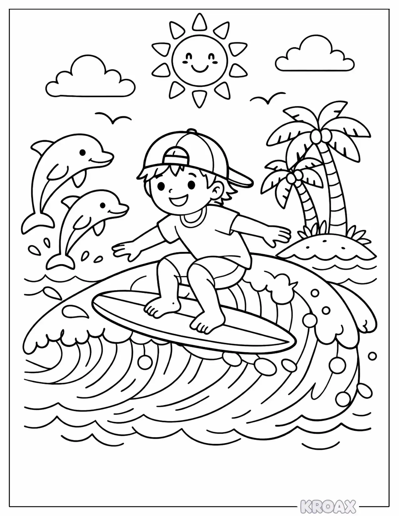 surfing adventure with dolphins and waves printable coloring page