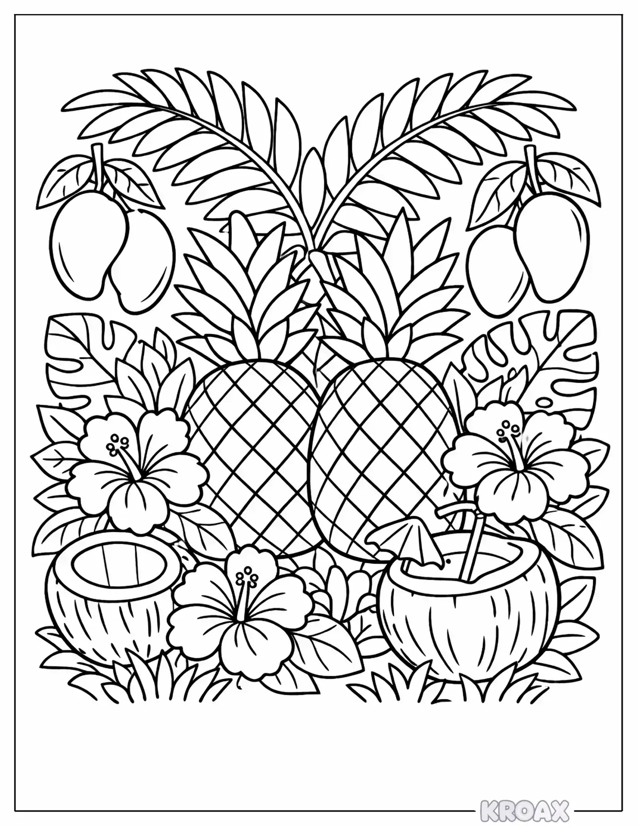 tropical fruits and flowers in the garden printable coloring page