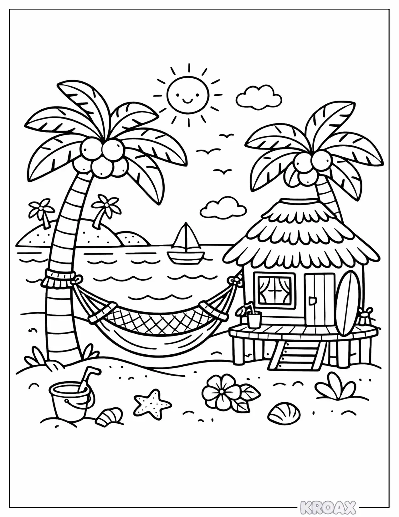 tropical island resort with palm trees and hammock printable coloring page