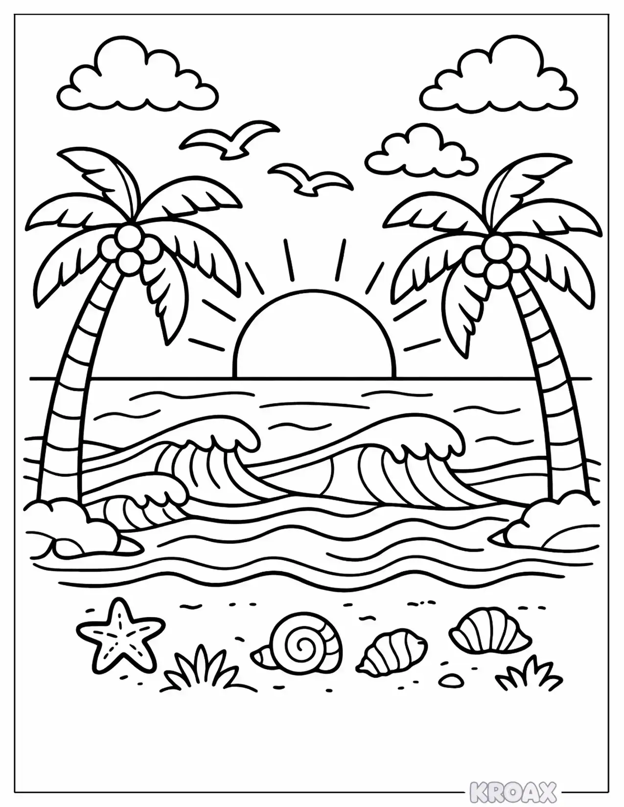 tropical sunset with palm trees and birds printable coloring page