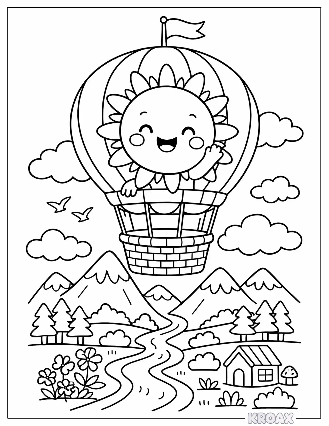 adventurous sun explorer riding hot air balloon printable coloring page